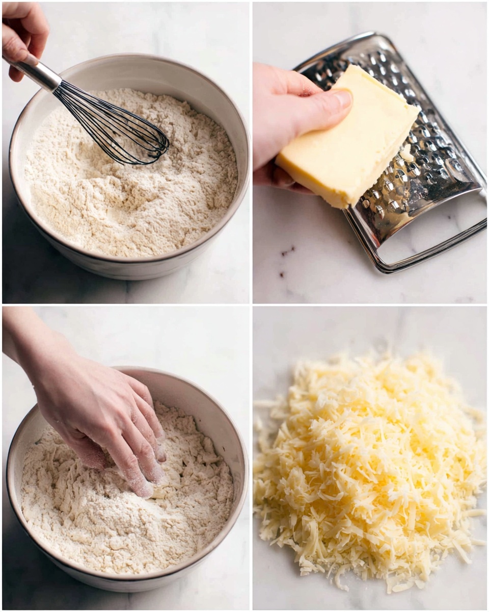The image shows four steps of making dough. The first part is a white metal bowl filled with light beige dry ingredients being mixed with a black whisk. The second part shows a woman's hand holding a pale yellow block of butter and rubbing it on a silver grater with small holes. The third part is a close-up of a pile of finely grated pale yellow butter on a white marbled surface. The fourth part shows a woman's hand pressing down on a stainless steel pastry cutter inside the white metal bowl filled with the flour and butter mixture, creating a crumbly texture. photo taken with an iphone --ar 4:5 --v 7