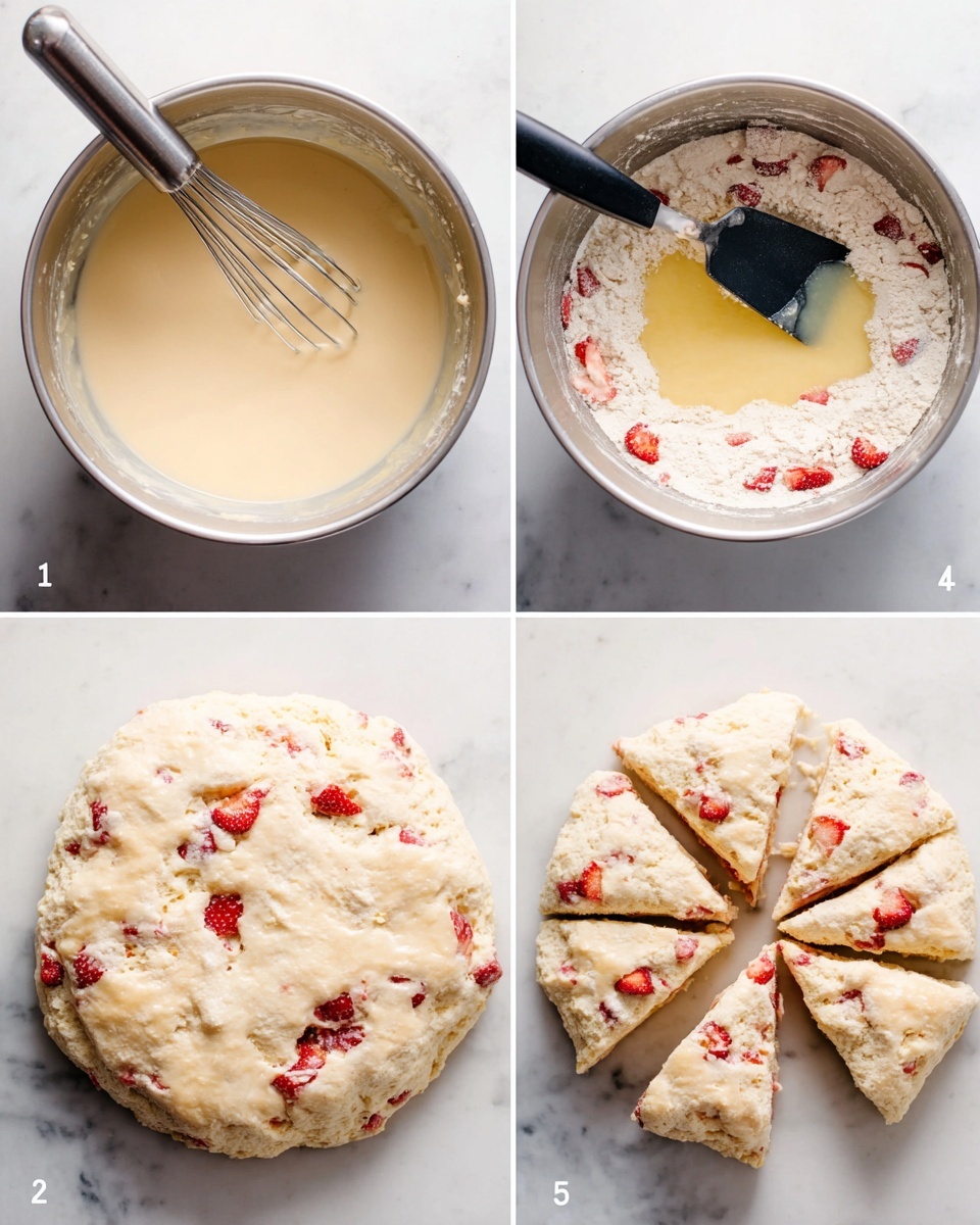 The image shows four stages of making strawberry scones on a white marbled surface. In the first stage (top left), a metal bowl holds smooth pale yellow batter with a silver whisk inside. In the second stage (top right), the same bowl contains a dry flour mixture with bits of red strawberries and a pale yellow liquid poured in the center, while a black spatula rests inside the bowl. The third stage (bottom left) shows a round dough disk with visible red strawberry pieces embedded throughout on the white marbled surface. The final stage (bottom right) shows the same dough disk sliced into eight triangular pieces, still showing the strawberries inside. Photo taken with an iphone --ar 4:5 --v 7