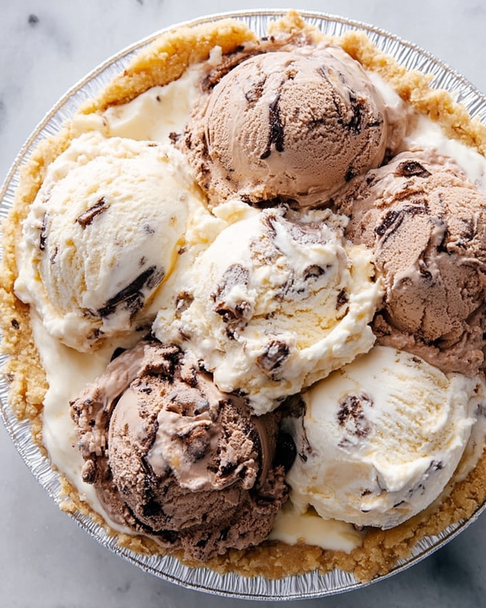 A close-up top view of a round pie with a light brown crumb crust in a foil-lined white pie dish. The pie is covered with many scoops of two ice cream flavors layered on top: rich medium brown chocolate ice cream with visible dark chocolate swirls, and creamy off-white vanilla ice cream with some soft folds and small caramel spots. The ice cream scoops are piled thickly and unevenly, filling almost the whole surface of the pie, creating a rough texture with ridges and smooth parts. The dish sits on a white marbled surface. photo taken with an iphone --ar 4:5 --v 7
