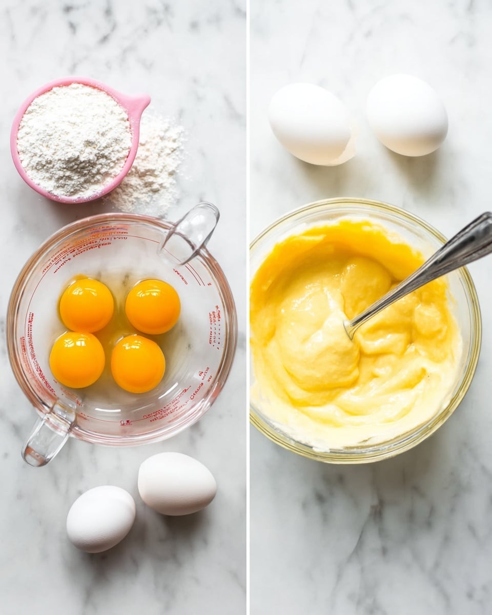 The image shows two scenes side by side on a white marbled surface. On the left, a clear glass measuring cup contains four bright yellow egg yolks, surrounded by a few white broken eggshell pieces and a pink measuring cup filled with white flour placed below it. On the right, the same glass measuring cup now holds a smooth, light yellow mixture being stirred with a silver fork. The texture of the mixture looks creamy and well-blended, with some streaks remaining. photo taken with an iphone --ar 4:5 --v 7