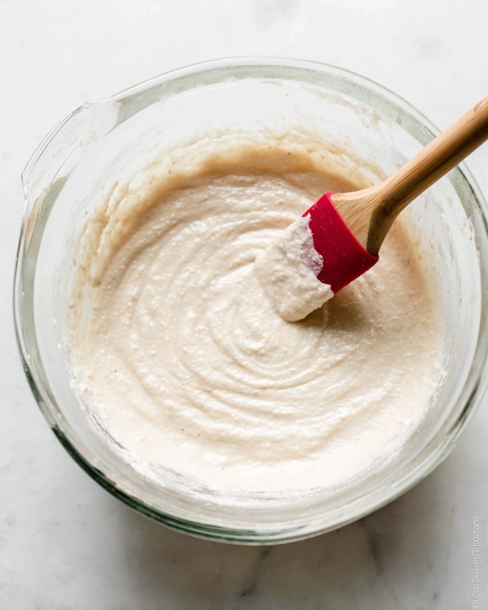 A clear glass bowl sits on a white marbled surface, filled with a thick, creamy batter that has a slightly lumpy texture. A wooden spatula with a red silicone tip is partially dipped into the batter, showing smooth strokes that blend the mixture. The batter’s color is a pale off-white, and the bowl’s handle is visible on the left side. Light softly reflects off the batter and bowl, creating a clean and fresh look. Photo taken with an iphone --ar 4:5 --v 7
