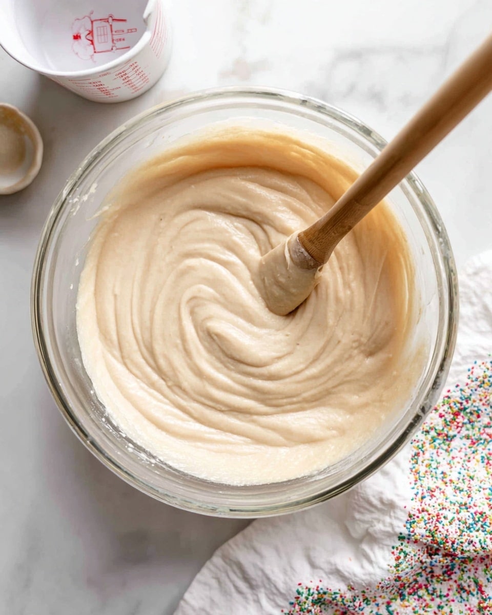 A clear glass mixing bowl filled with a smooth, creamy, pale beige batter that has a thick, slightly whipped texture being gently stirred by a wooden spatula with a light brown handle, positioned inside the bowl leaning to the right. The bowl sits on a white marbled surface, and around it are a white measuring cup with red markings to the upper left and a white cloth with colorful, sprinkled confetti patterns near the bottom right. The lighting is bright and natural, highlighting the soft swirls and folds in the batter. photo taken with an iphone --ar 4:5 --v 7