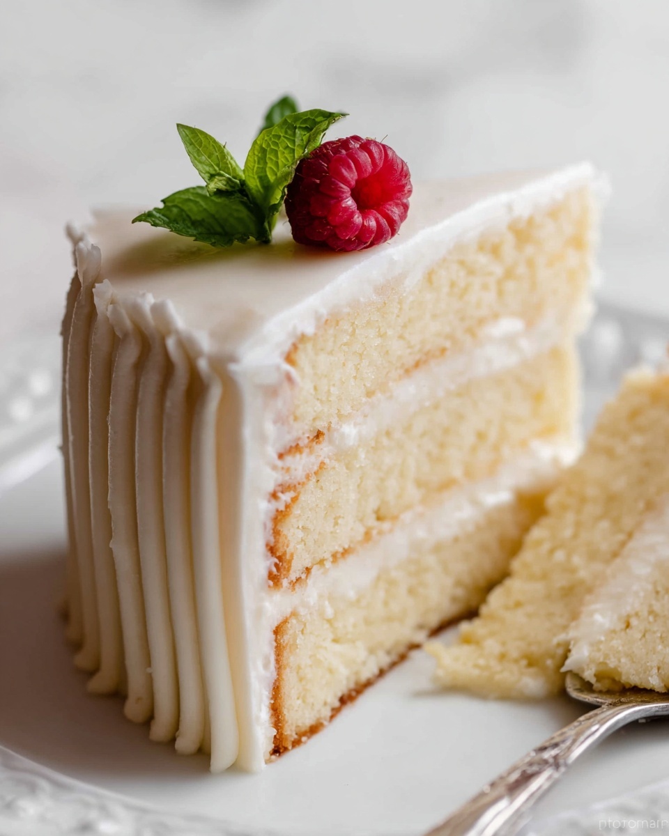 A two-layer vanilla cake with cream white frosting covers the entire cake smoothly and evenly. Each cake layer is light yellow with a soft texture, separated by a thick layer of white frosting. The outside frosting is decorated with soft vertical lines around the side. On top of the slice sits a small bright red raspberry and a small green mint leaf. The cake slice is on a white plate with a silver cake server partially under it, set against a white marbled background. Photo taken with an iphone --ar 4:5 --v 7