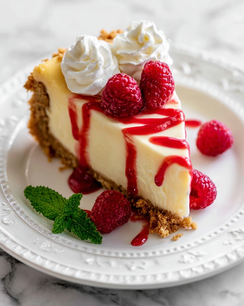A slice of creamy light yellow cheesecake with a golden brown crumb crust at the bottom and sides sits on a white plate with decorative edges. The top of the cheesecake is drizzled with bright red raspberry sauce, with two dollops of white whipped cream piped along one side. Three fresh red raspberries are placed on and around the cheesecake slice, with a small bright green mint leaf beside it. The plate rests on a white marbled surface. Photo taken with an iphone --ar 4:5 --v 7