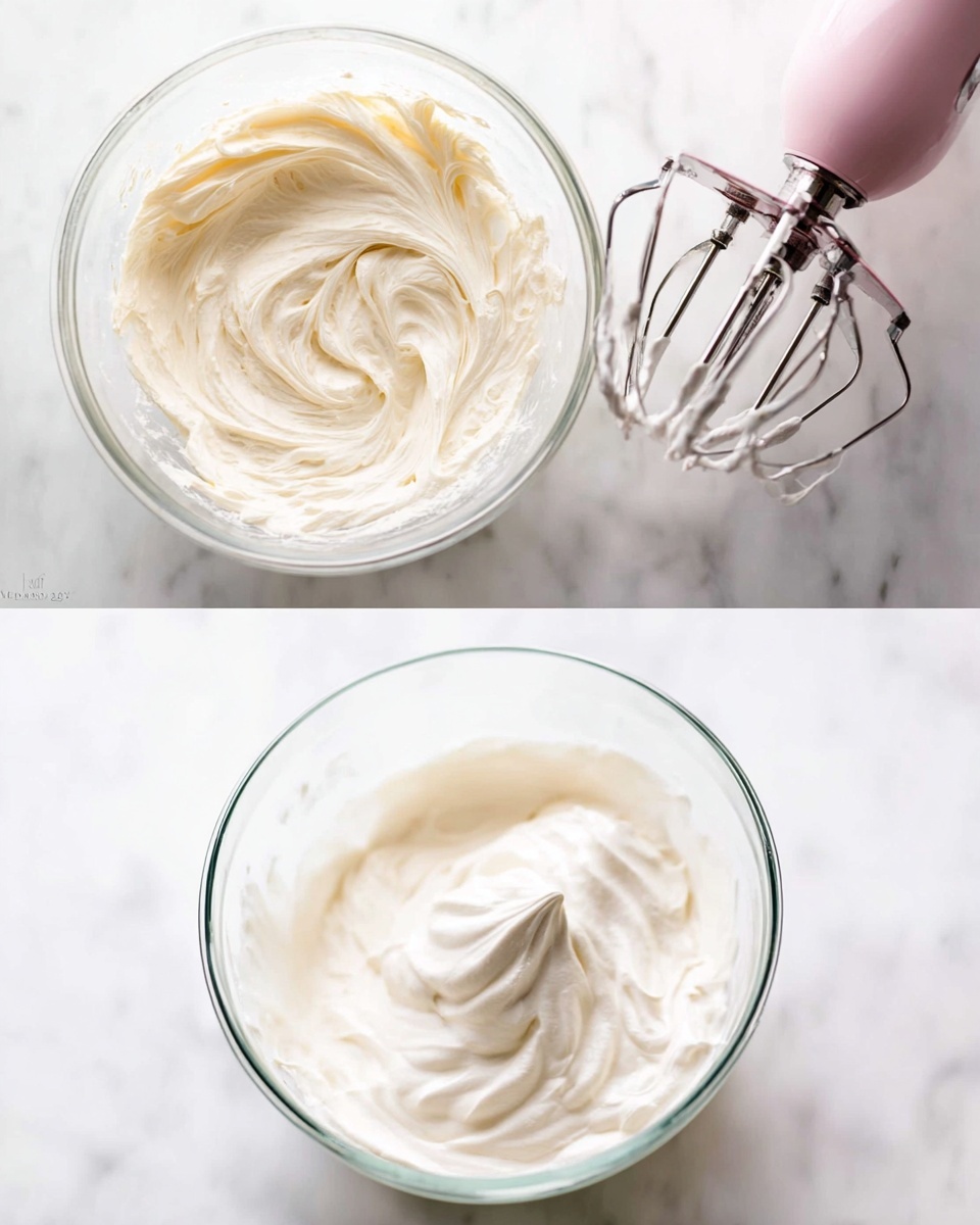 Two images show creamy white whipped mixture in clear glass bowls on a white marbled surface. The left image has one bowl filled with a large amount of soft creamy texture with swirl patterns, and a pink electric mixer with two beaters resting inside. The right image shows a smaller amount of thick white cream with smooth curved peaks inside the bowl. photo taken with an iphone --ar 4:5 --v 7
