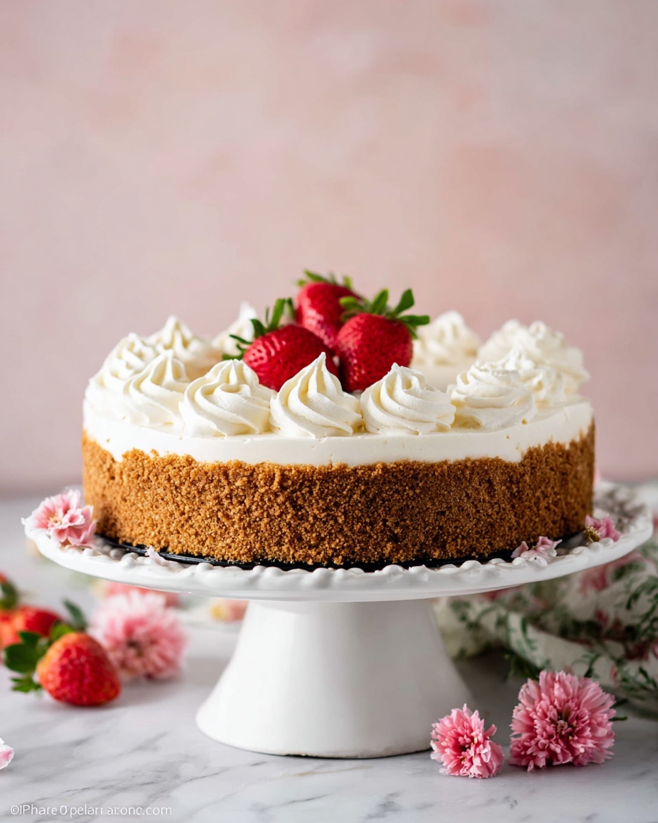 The image shows a dessert with two main layers on a white cake stand with a decorative edge, set on a white marbled surface. The bottom layer is thick and crumbly, brown in color with a rough texture, forming the crust. Above the crust is a thick white cream layer that looks smooth and fluffy, decorated around the edge with swirls of white whipped cream. On top in the center, there are three red strawberries with green leaves. Around the base of the cake stand, there are two more strawberries and small pink flowers, with a soft pink background behind. Photo taken with an iphone --ar 4:5 --v 7