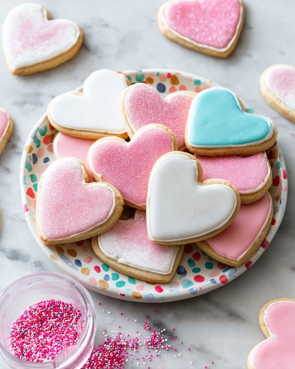 A white round plate with colorful dots is filled with heart-shaped sugar cookies decorated with smooth icing layers in white, pink, and light blue colors. Some hearts have a single thick layer of icing, while others have a sparkly pink sugar sprinkle layer on top, adding texture and shine. The cookies are stacked and overlapping, creating a full look. Around the plate, there are more cookies with similar icing and pink sugar sprinkles scattered on a white marbled surface, along with a small plastic container tipped over with pink sugar spilling out. Photo taken with an iphone --ar 4:5 --v 7