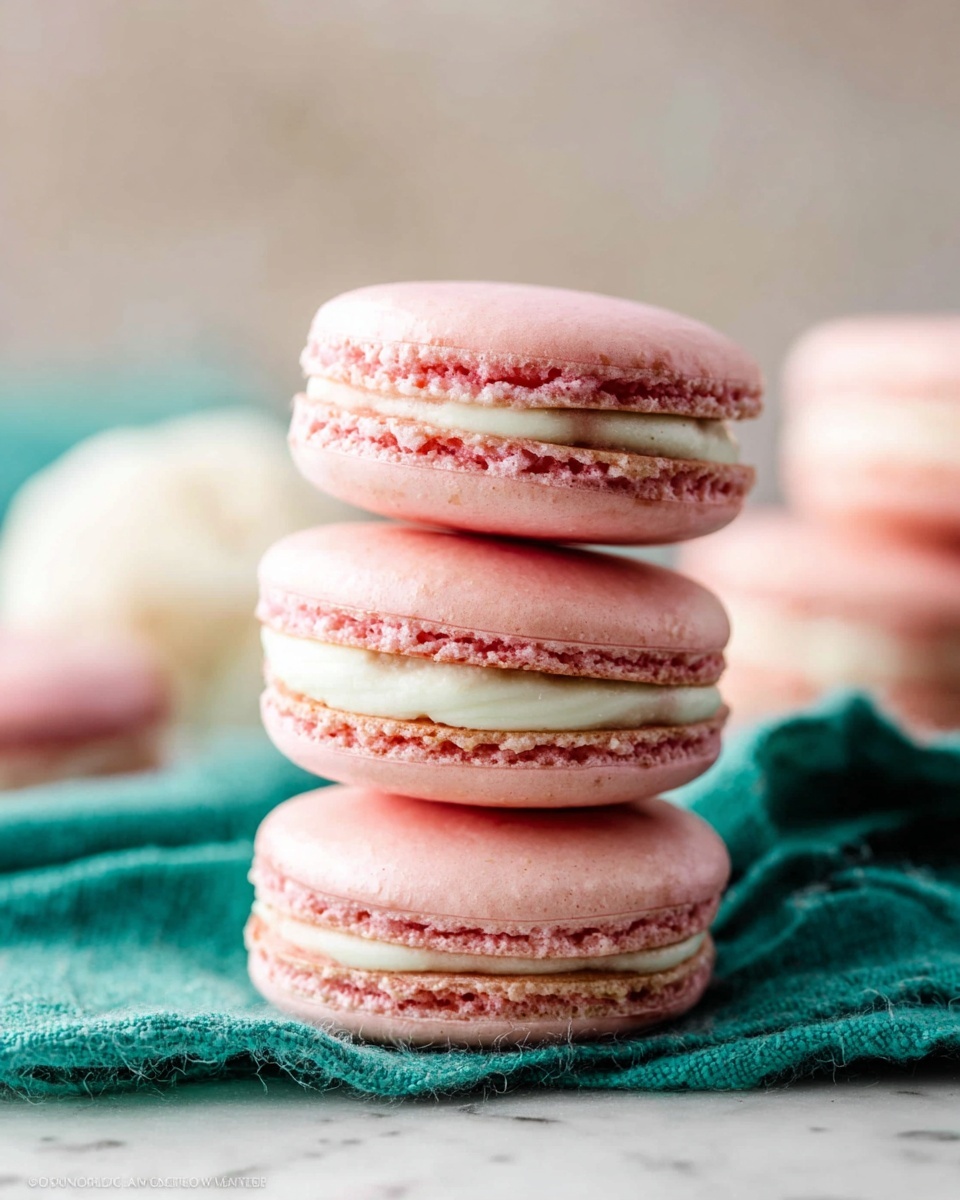 The image shows a stack of three pink macarons with smooth, slightly shiny tops and textured edges. Each macaron has two light pink shell layers with a creamy white filling layer in between. The macarons sit on a dark teal cloth resting on a white marbled surface, with blurred white macarons visible in the background. The colors and textures highlight the delicate and soft nature of the macarons, with a focus on the layering and slight airiness of the shells. Photo taken with an iphone --ar 4:5 --v 7