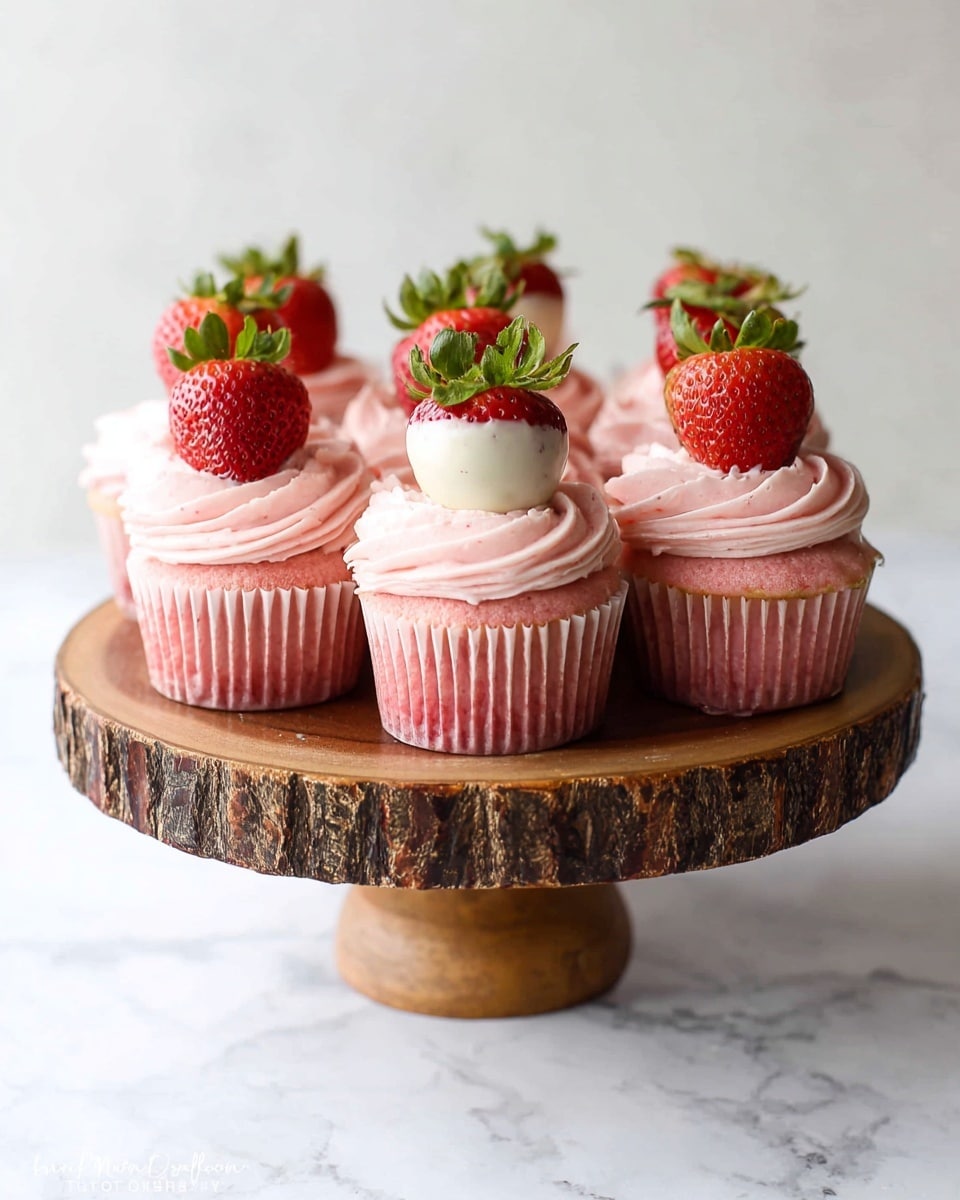A wooden cake stand holds a group of pink cupcakes, each with a pink paper liner at the bottom. Each cupcake has one layer of smooth, swirled light pink frosting on top, topped with a half-dipped strawberry that is red with bright green leaves and coated halfway with white chocolate. The background has a white marbled texture. photo taken with an iphone --ar 4:5 --v 7