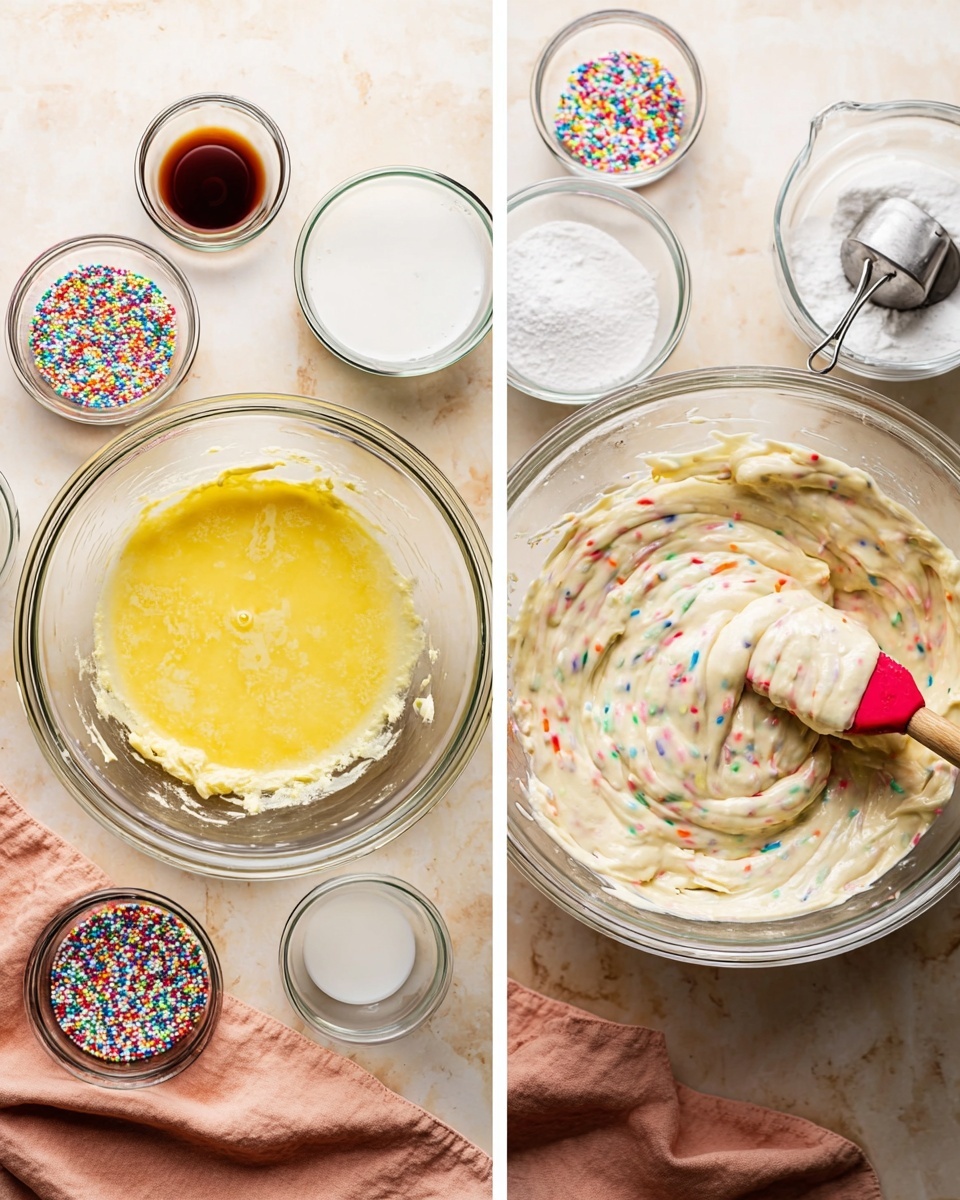 The image shows two side-by-side photos on a white marbled surface. On the left, a clear glass bowl holds a yellow wet mix of melted butter and some flour, surrounded by small glass bowls with white creamy texture, dark brown liquid, and colorful round sprinkles, along with a metal measuring cup filled with white sugar and a clear glass cup of milk. A peach cloth is partially visible under the bowls. On the right, the same glass bowl now has a smooth, creamy batter mixed with colorful sprinkles, with a wooden spatula featuring a red silicone tip resting inside the bowl, slightly lifting some batter. The background stays consistent with the peach cloth and white marbled surface. photo taken with an iphone --ar 4:5 --v 7