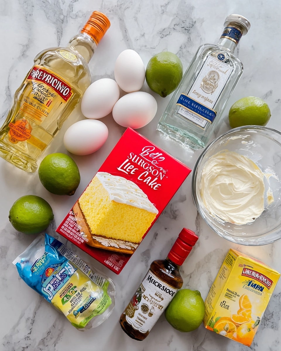 The image shows ingredients arranged on a white marbled surface for making a lemon-flavored cake. There is a red box of Betty Crocker Super Moist Lemon Cake Mix with a picture of a yellow cake with white frosting on it. Around the box, there are four white eggs, two whole green limes, a clear glass measuring cup with water, a bottle of Crisco vegetable oil with a yellow color, a bottle of J. Brandt Triple Sec orange liqueur with orange labels, a bottle of Jose Cuervo Especial Silver Tequila with blue and white labels, a small bottle of McCormick pure vanilla extract with a red cap, and a small box of Jell-O vanilla pudding mix with a yellow design. Photo taken with an iphone --ar 4:5 --v 7
