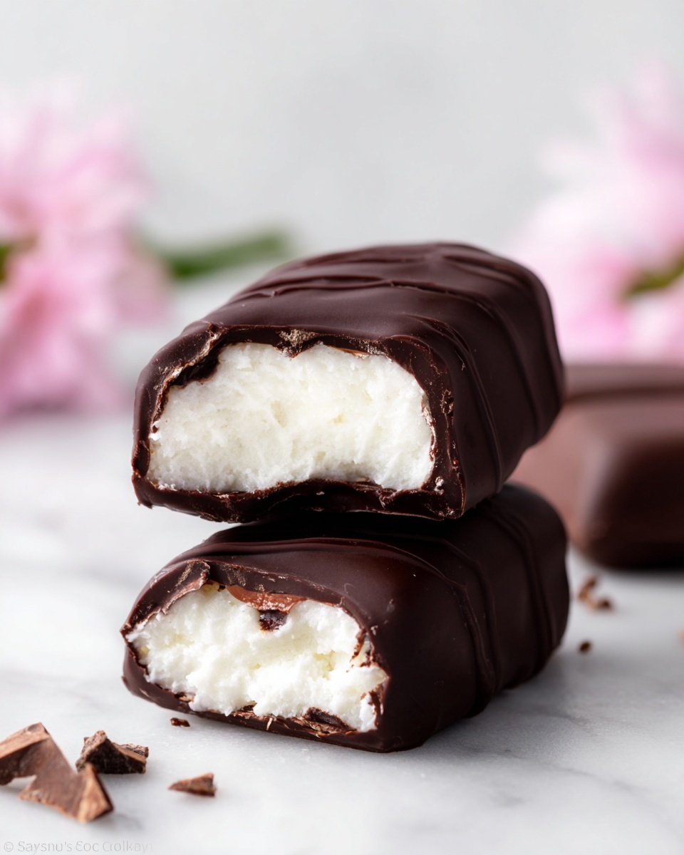 The image shows two small chocolate-covered bars stacked, with the top bar broken in half to reveal a thick white creamy filling inside that has a soft, slightly crumbly texture. The dark chocolate coating is smooth and shiny, with a few thin, raised swirl lines on the outside. There are small pieces of chocolate embedded in the white filling of both pieces. The bars are placed on a white marbled surface, with soft pink flowers blurred in the background and a smooth, whole chocolate bar out of focus to the right. Photo taken with an iphone --ar 4:5 --v 7