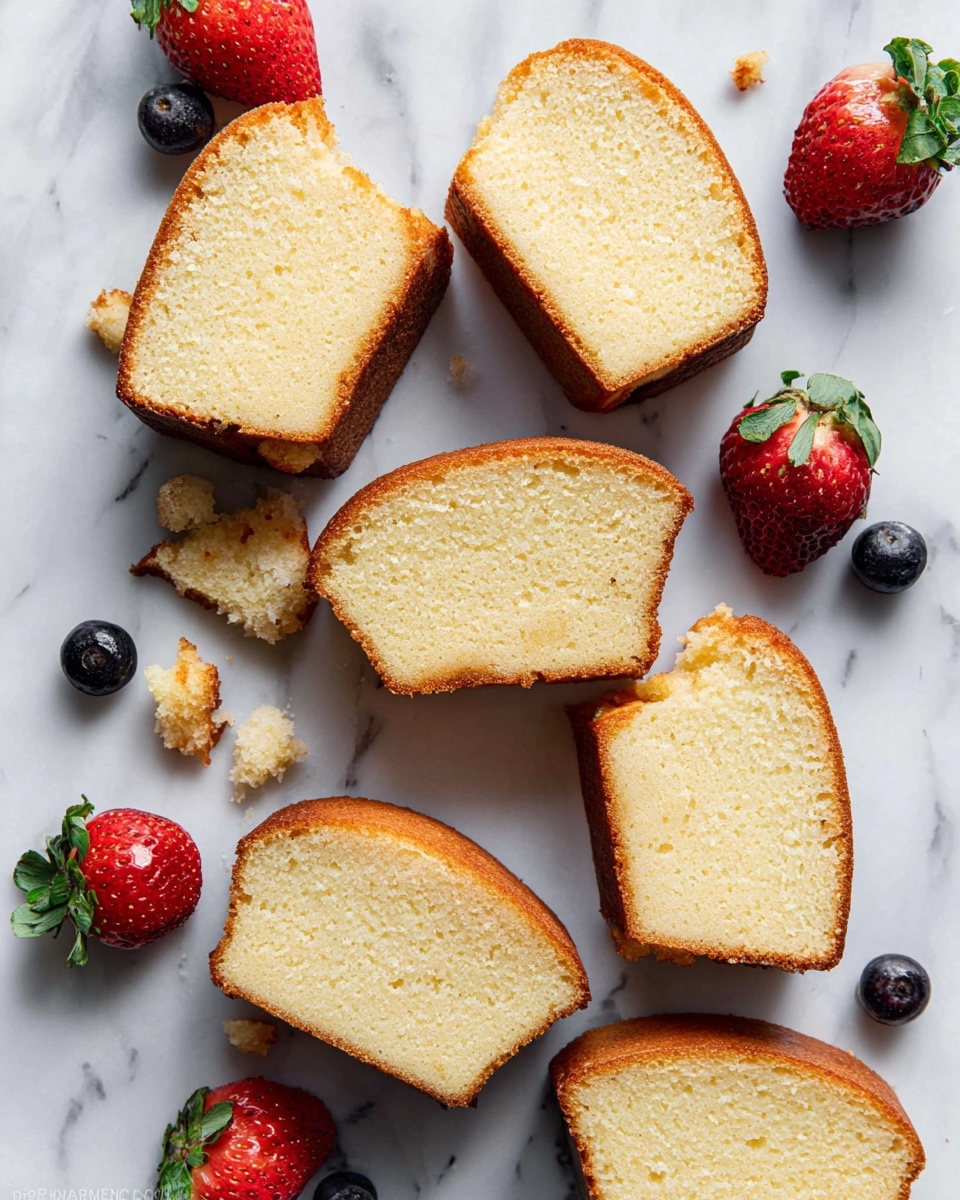 The image shows seven slices of plain pound cake arranged unevenly on a white marbled surface. Each slice has a golden-brown outer crust with a soft, light yellow inside, slightly crumbly at the edges. Scattered between and around the cake slices are whole strawberries with green leaves and a few dark blue blueberries, adding color contrast. Small crumbs are visible near the cake slices. The lighting is bright, highlighting the fine texture of the cake. photo taken with an iphone --ar 4:5 --v 7
