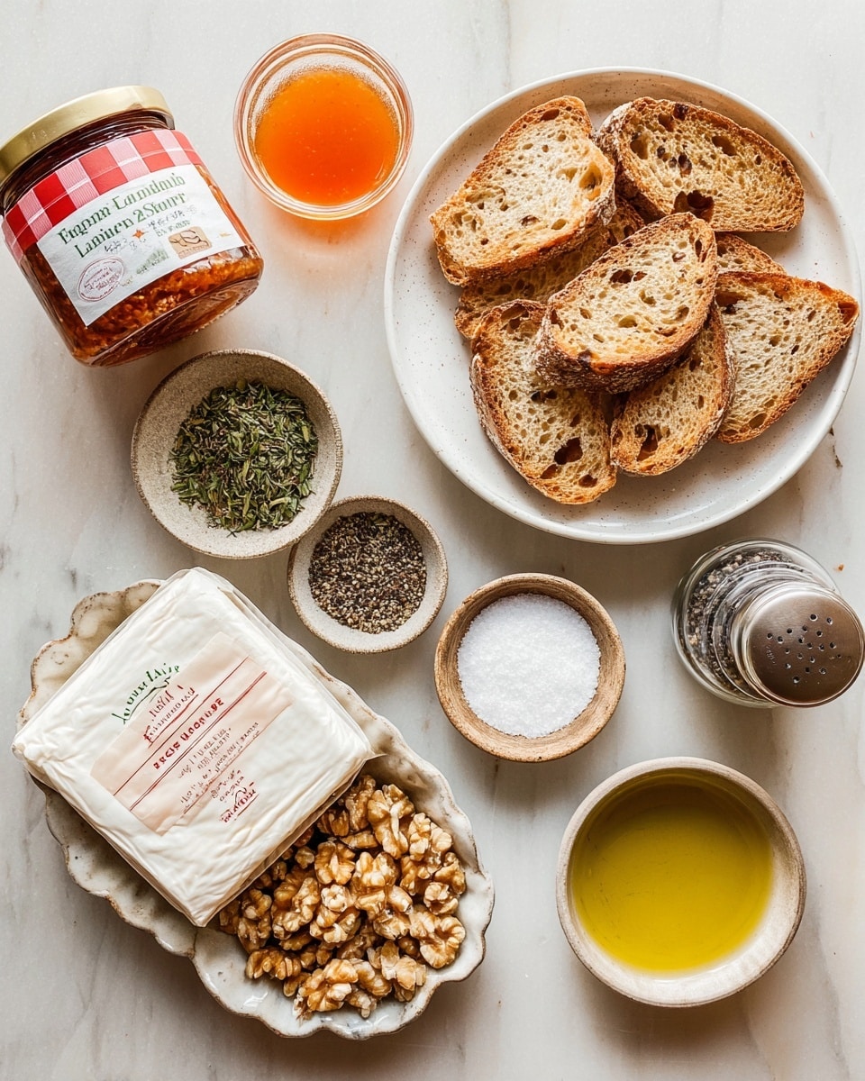 The image shows ingredients arranged on a white marbled surface. There is a white round plate on the right filled with several russet toasted bread slices, each showing a crunchy texture and some air holes. A jar of fig preserves with a red and white checkered lid is placed on the upper left, next to a small bowl of orange-colored honey or syrup. Below the jar, there is a small bowl with mixed green and black dried herbs. Below this bowl, a rustic scalloped dish is filled with chopped light brown walnuts. In the center, a wrapped block of fresh white goat cheese with red and green labeling is placed flat. Next to the cheese, a small white bowl holds coarse salt, while a smaller bowl with light golden olive oil is placed at the bottom right. A clear pepper grinder with black peppercorns is on the far right edge. The composition is clean and simple, with all items clearly visible. Photo taken with an iphone --ar 4:5 --v 7