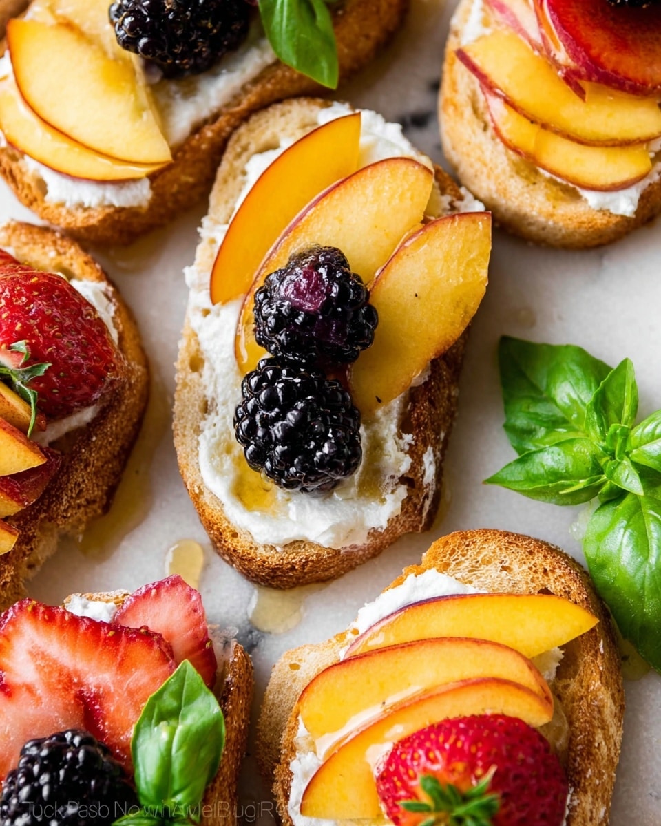 The image shows several small toast pieces arranged closely. Each toast has a base layer of white creamy cheese spread evenly on its surface. On top of some toasts, there are thin yellow peach slices placed in a fan shape covering most of the toast. Others have one large, shiny black blackberry centered on the cheese layer. A few toasts have bright red strawberry slices with a small green basil leaf on top. There are fresh green basil leaves placed around the toasts. The toasts rest on a surface with white marbled texture and drizzle of honey glistens over the toasts adding a sticky shine. photo taken with an iphone --ar 4:5 --v 7