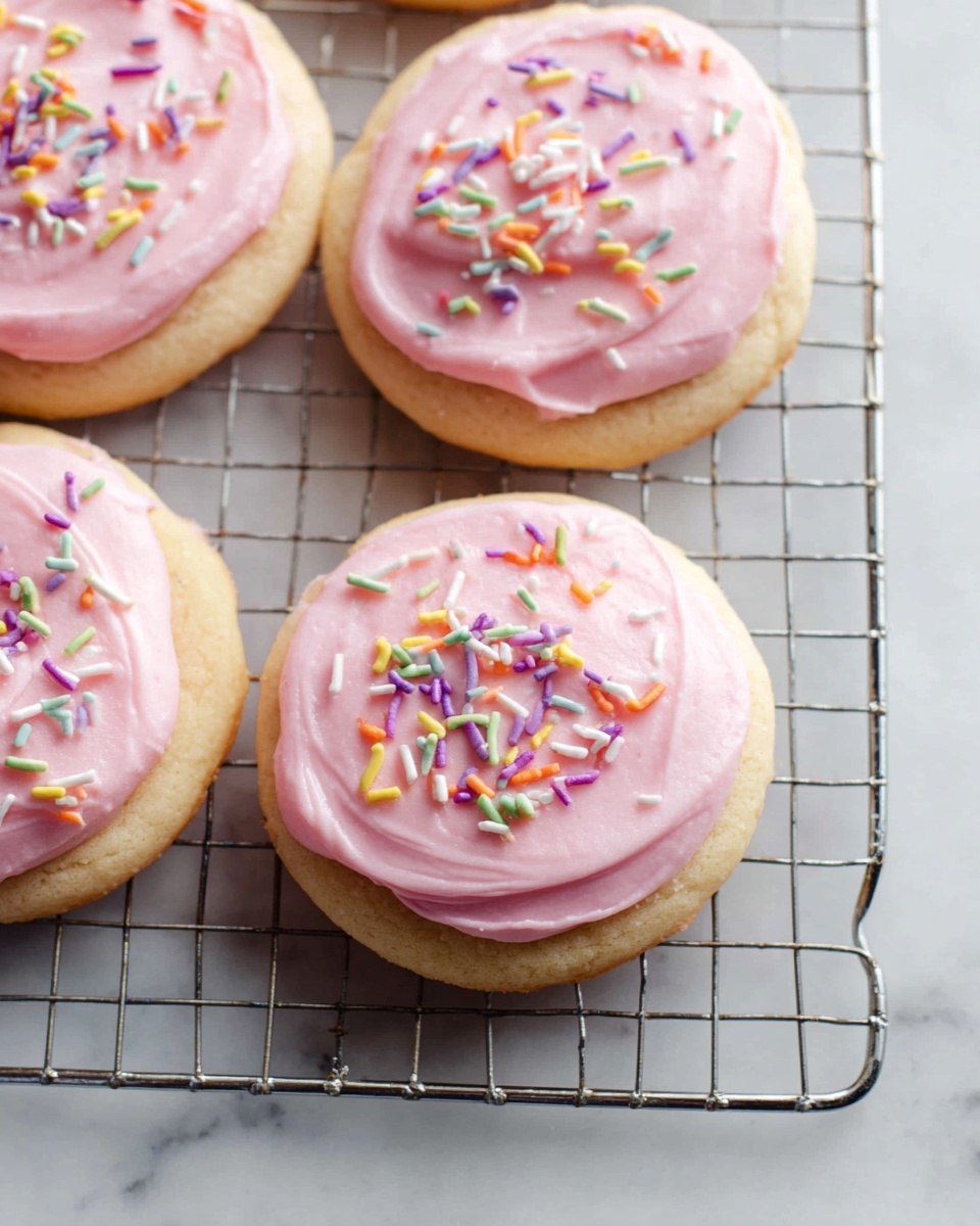 There are four round cookies placed on a silver cooling rack, which sits on a white marbled surface. Each cookie is topped with a thick, smooth layer of light pink frosting that is spread in a circular motion. On top of the frosting, there are small, colorful sprinkle pieces in shades of orange, purple, green, yellow, white, and blue scattered unevenly. The cookies themselves are light golden brown, peeking out slightly from under the frosting photo taken with an iphone --ar 4:5 --v 7