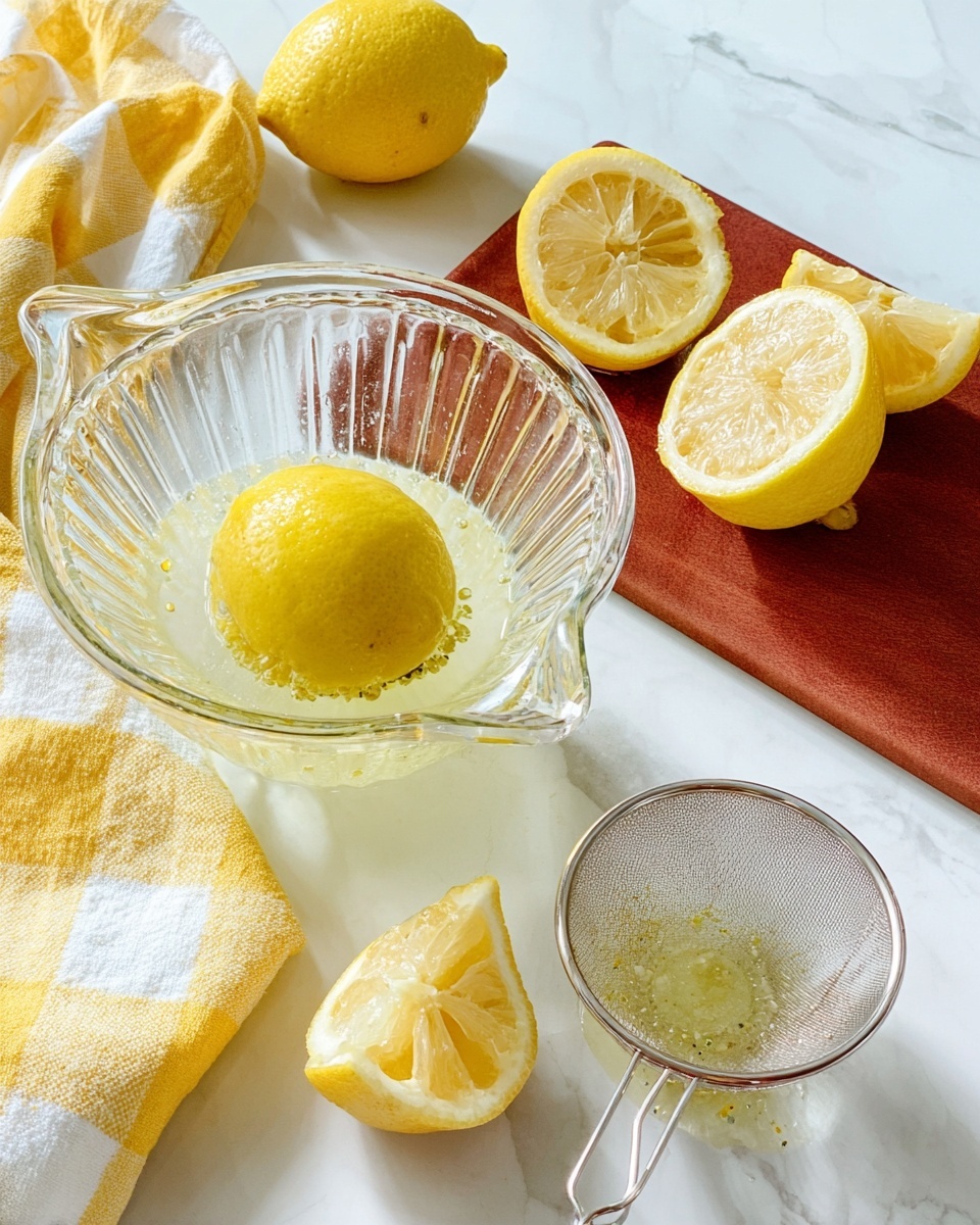 The image shows a glass juicer with a whole lemon being squeezed, its bright yellow color contrasting with the clear glass. Around the juicer are three lemon halves with a soft texture, placed on a brown cutting board, which stands on a white marbled surface. To the right, a glass measuring cup contains a small strainer with lemon pulp and seeds inside. On the left side, a yellow and white checkered cloth adds a soft, fabric texture to the scene. The overall setting has bright, fresh colors with a clear view of the lemon juice extraction process. photo taken with an iphone --ar 4:5 --v 7