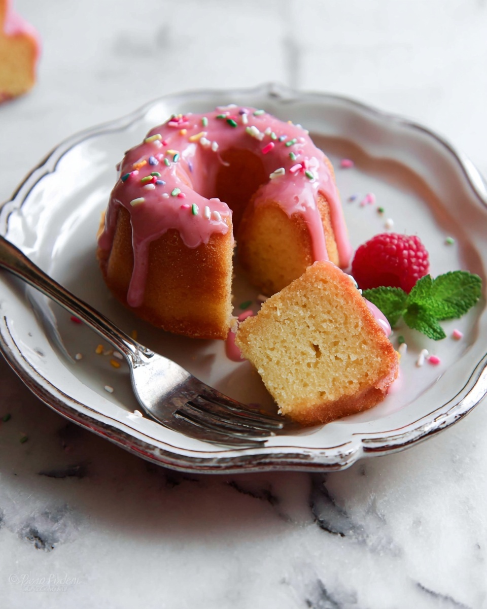 A small bundt cake with a light golden color sits on a white plate with a scalloped edge. The cake is topped with a smooth, pink glaze that drips down the sides, decorated with tiny colorful round sprinkles. One slice of the cake is cut and placed next to it, showing the soft, moist inside. A fresh red raspberry and a green mint leaf are placed beside the cake. A fork rests on the plate near the cake, and the surface beneath the plate has a white marbled texture. Photo taken with an iphone --ar 4:5 --v 7