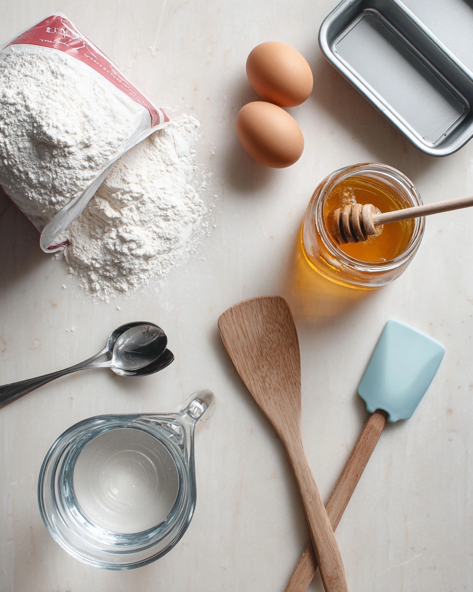 The image shows a baking setup on a white marbled surface with three brown eggs placed near a small pile of white flour next to an open red and white bag of flour on the left. Below the flour pile, there is a clear glass measuring cup filled with water. On the right side, a glass jar of honey with a wooden honey dipper resting inside is placed. Beside the jar, there is a blue silicone spatula and a wooden spoon with handles pointing downwards. Above these items, there is a small silver baking tin, a shiny silver fork, and a spoon lying near the edge of the frame. The scene has a clean and light atmosphere with soft natural light. photo taken with an iphone --ar 4:5 --v 7