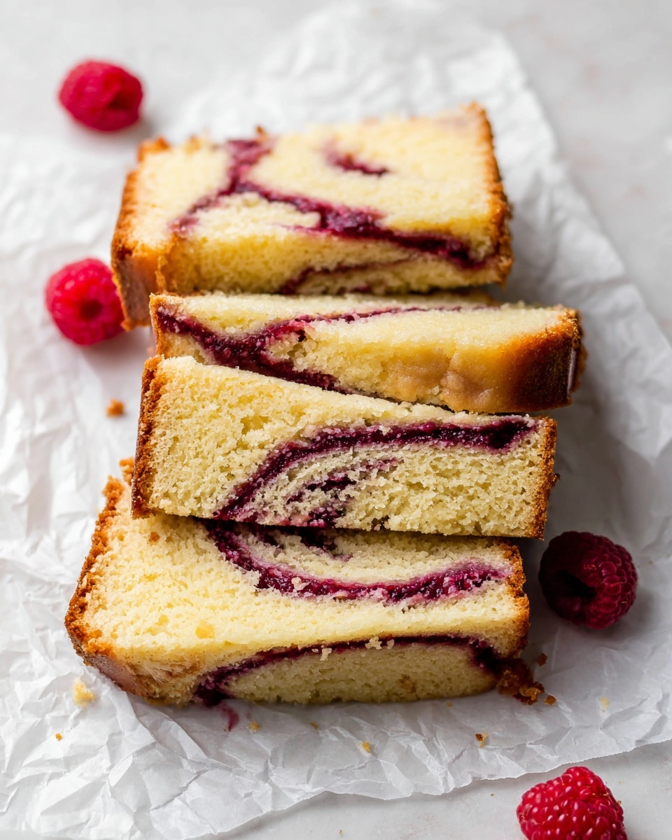 Four slices of cake are stacked slightly overlapping on crumpled white paper over a white marbled surface. Each slice shows two layers: a thick light yellow base layer with a soft crumb texture, and a middle swirling layer of deep purple-red fruit filling running through the center. Around the cakes, a few fresh bright red raspberries add contrast and color. The top edge of the slices is golden brown with a slight crust. The photo has clear lighting and shows the textures of both the soft cake and smooth fruit filling clearly. Photo taken with an iphone --ar 4:5 --v 7