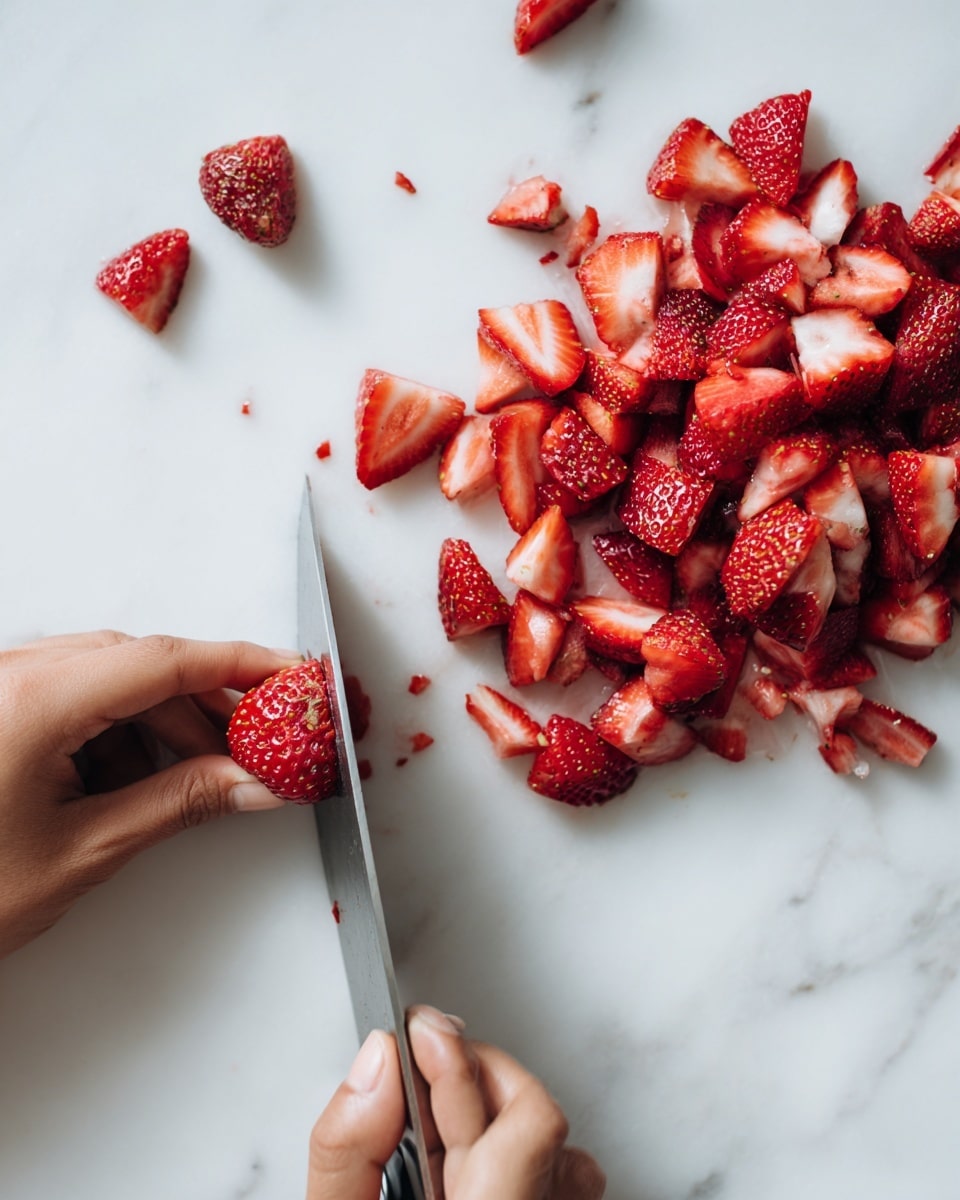 A close-up image shows a woman's hand holding a small whole red strawberry on a white marbled surface, while a knife held by another hand slices it. To the right, there is a pile of many strawberry pieces of various sizes and shapes, all bright red with white inner flesh. The white marbled surface is clean except for a few small strawberry bits. photo taken with an iphone --ar 4:5 --v 7
