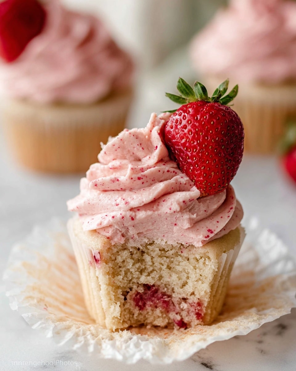 The image shows a close-up of a cupcake with two layers. The bottom layer is a light beige cupcake with small pieces of red fruit inside, giving it a textured look. On top is a thick swirl of smooth, pink frosting with tiny red specks, which looks creamy and soft. A fresh, bright red strawberry with green leaves sits on the side of the frosting, adding a fresh and colorful touch. The cupcake is resting on white crinkled paper on a white marbled surface, and two more similar cupcakes blurred in the background. Photo taken with an iphone --ar 4:5 --v 7