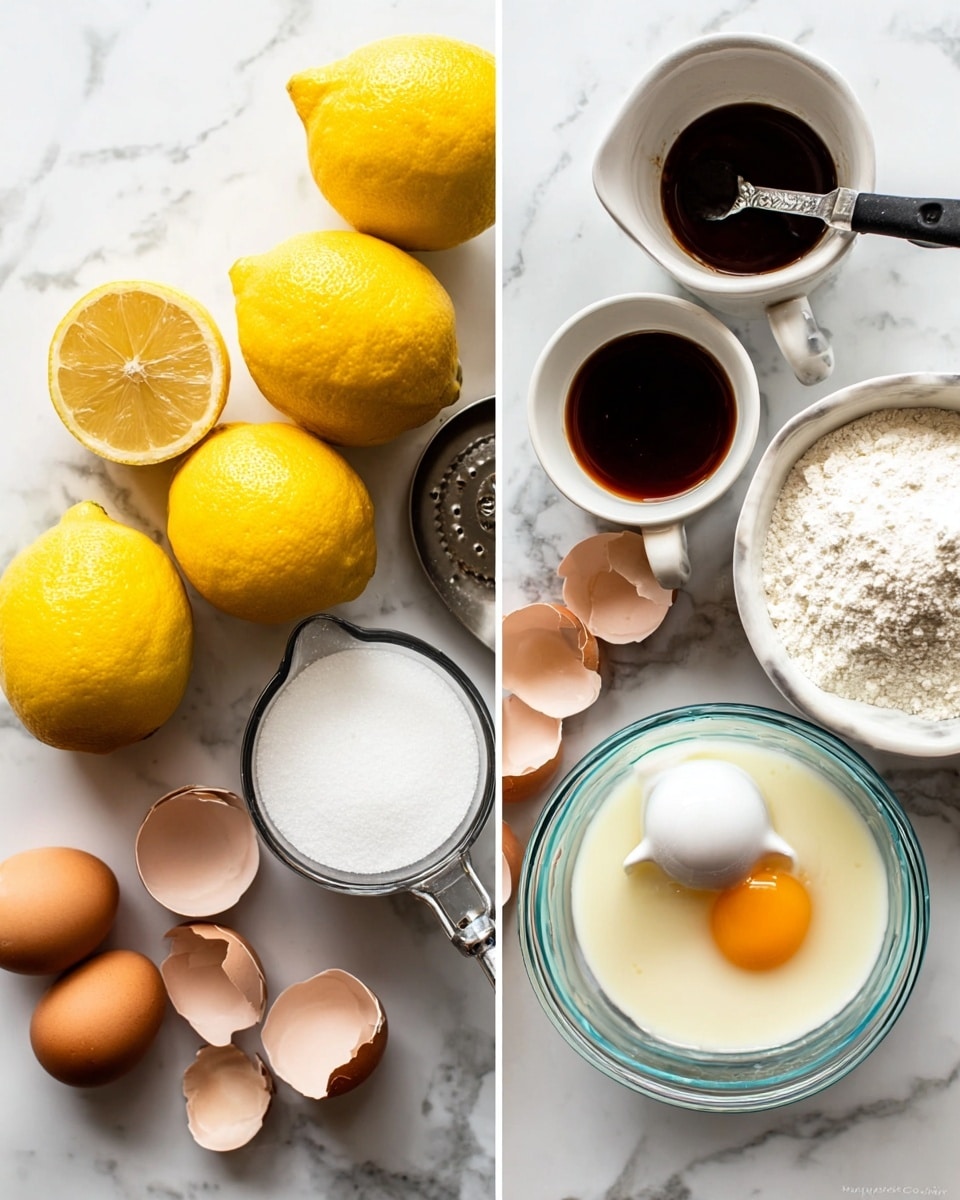 The left side of the image shows a white marbled surface with several ingredients arranged neatly: four yellow lemons, one lemon cut in half showing its bright yellow inside, three brown eggs, a small white bowl filled with a dark liquid, a larger white bowl with white granulated sugar, a metal measuring cup filled with white flour, a glass measuring cup filled with white milk, and a lemon zester with a black handle. The right side of the image shows a clear glass bowl on the same white marbled surface with some egg whites inside, a woman's hand holding a white egg yolk separator shaped like a small animal with an orange yolk resting in it, and several brown eggshells scattered around. Photo taken with an iphone --ar 4:5 --v 7