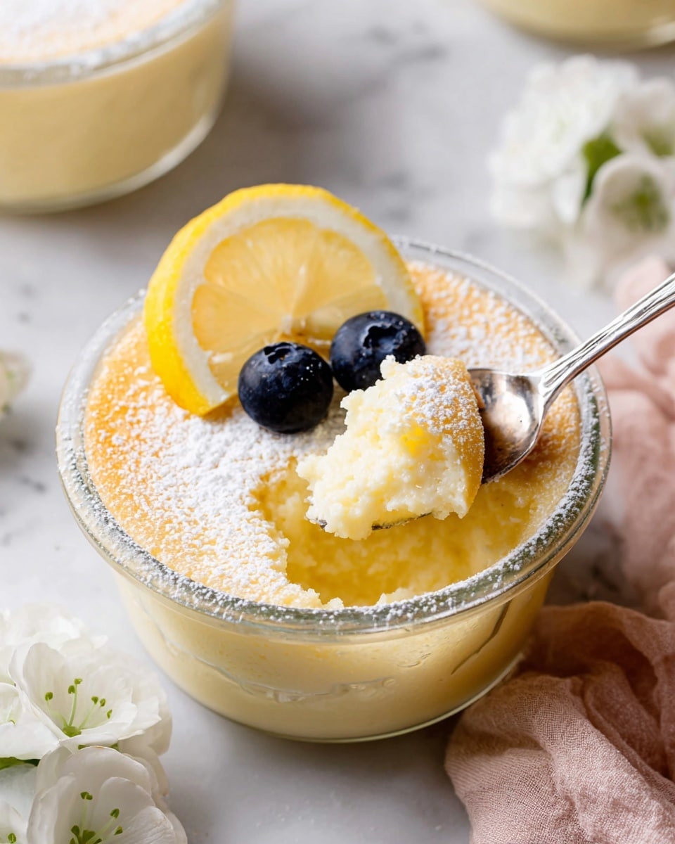The image shows a close-up of a clear glass bowl filled with a soft, yellow lemon dessert that has a light and fluffy texture. The top layer is dusted with powdered sugar, giving it a slightly grainy and white finish. On the top left, there is a thin slice of lemon resting gently on the dessert, adding a bright yellow color with a smooth texture. Next to the lemon slice, a single plump blueberry with a smooth, dark blue skin sits on the surface. A silver spoon scoops into the dessert, revealing a creamy and smooth yellow interior beneath the slightly spongy top layer. The bowl is placed on a white marbled surface with a soft pink cloth and white flowers nearby. Photo taken with an iphone --ar 4:5 --v 7