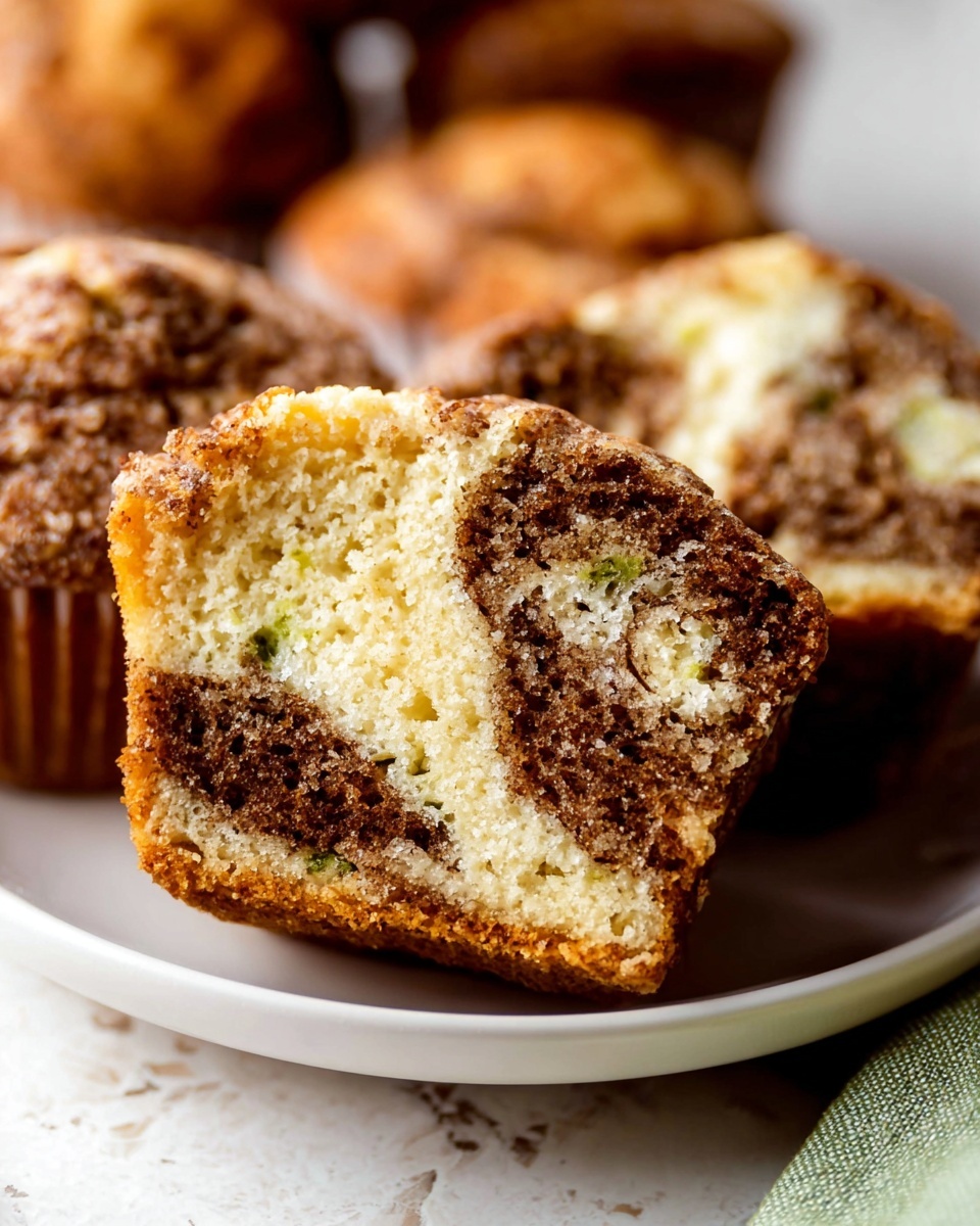 The image shows a close-up of a sliced muffin placed on a white plate with a white marbled texture background. The muffin has two main layers: a darker brown crumbly cake base with small green specks, and a creamy light beige filling swirled through the center, creating a marbled effect. The texture of the cake appears moist and soft, with the light filling visibly smooth and slightly uneven, adding contrast. In the background, there are whole muffins with a golden brown tops, slightly cracked and textured, and the edge of a green cloth is partly visible in the bottom corner. photo taken with an iphone --ar 4:5 --v 7