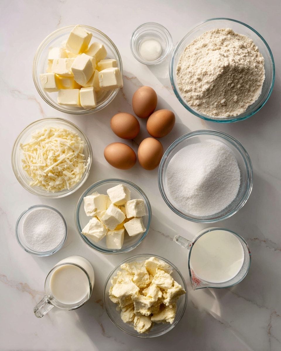 On a white marbled surface, there are twelve clear glass bowls and a glass measuring cup arranged in scattered rows. The largest bowl on the right contains a light beige powder, likely flour. Next to it is a medium bowl filled with white granulated sugar. Toward the bottom right, a bowl holds a chunky yellow mixture. Another bowl near the left edge contains cubed pale yellow butter, while above it, another bowl has shredded pale yellow cheese. A medium bowl in the center holds three brown eggs. Adjacent is a bowl filled with creamy white chunks, possibly cream cheese. Several smaller bowls around the setup contain white powdered substances, a clear liquid, and a brown liquid, along with a measuring cup filled with off-white cream. The scene is well lit with soft shadows, showing tidy ingredient prep without any utensils. Photo taken with an iphone --ar 4:5 --v 7