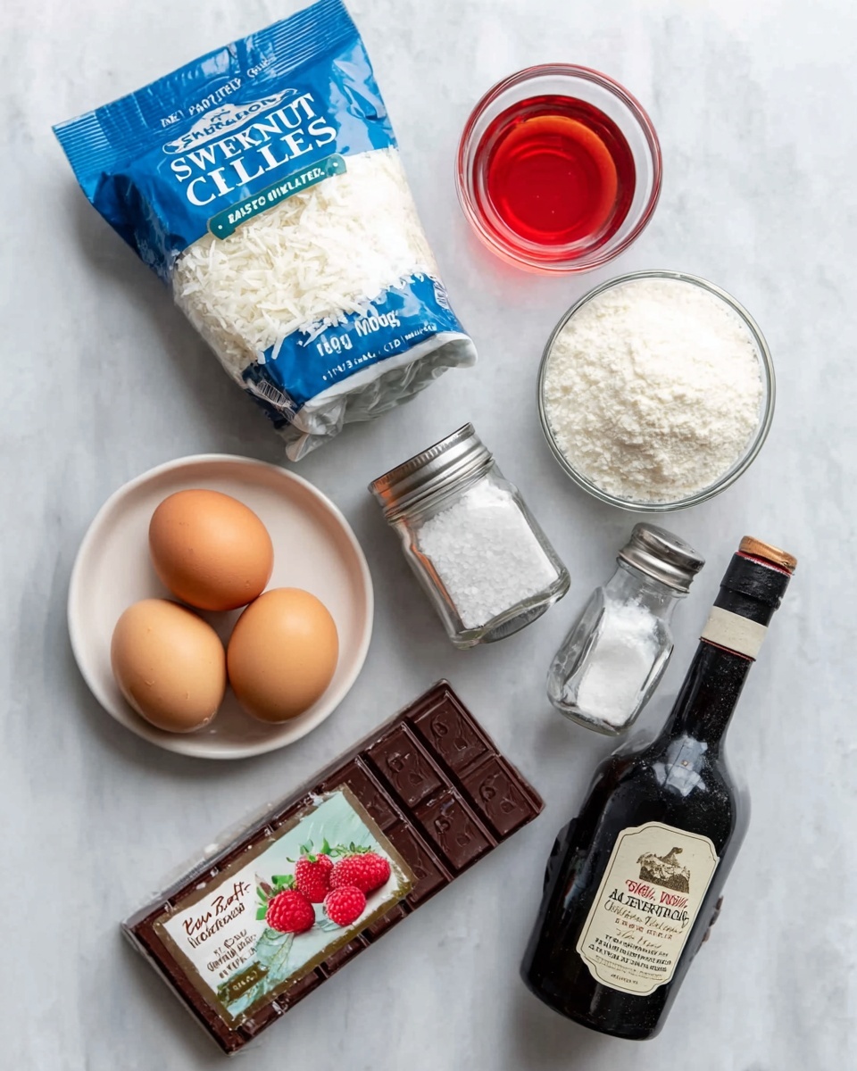 The image shows ingredients neatly laid out on a white marbled surface. At the top is a blue and white bag of sweetened coconut flakes. Below it, there is a small clear bottle with red liquid next to a clear glass salt shaker with white salt inside. To the left, a white plate holds two whole eggs, with a metal can of sweetened condensed milk nearby. At the center is a dark brown chocolate bar in its wrapper with a picture of chocolate and raspberries on it. Near the bottom is a dark glass vanilla extract bottle with a black cap. The scene is clean, organized, and bright, with soft natural light highlighting the textures and colors. Photo taken with an iphone --ar 4:5 --v 7
