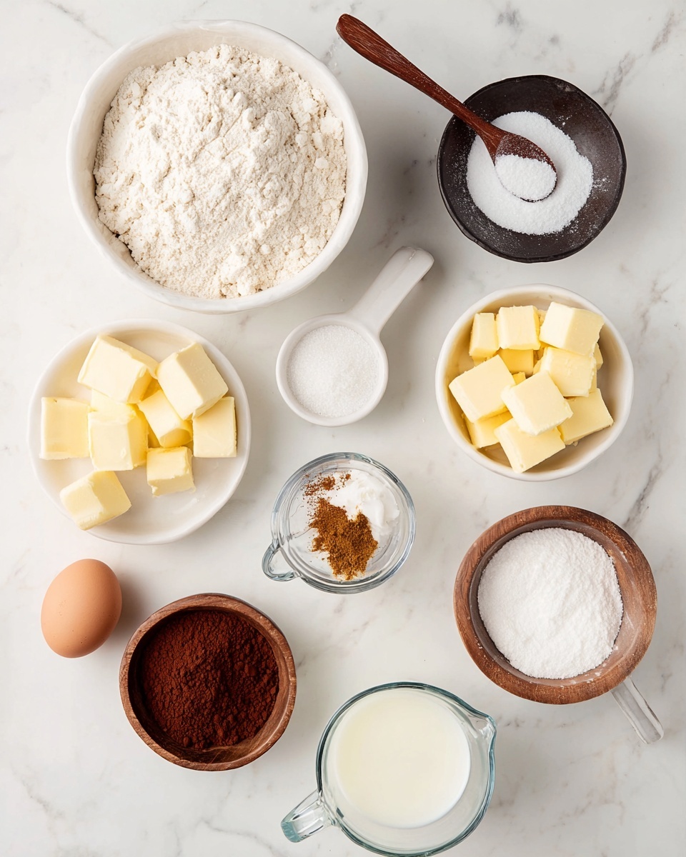 This image shows ten small white bowls and glass measuring cups arranged neatly on a white marbled surface. At the top left is a large white bowl filled with coarse flour. To the right of it is a small dark bowl with white granules and a small wooden spoon inside. Next to that is a white bowl holding several yellow cubes of butter. Below the flour is a small white bowl with ground brown spice, and next to it is a wooden bowl with dry yeast granules. In the middle right is a white egg placed on the surface. To the right of the egg is a small wooden bowl with white granulated sugar. At the bottom left is a white bowl filled with cocoa powder, and next to it are two glass measuring cups; one with milk and the other with water. Between the glass cups is a small white bowl with more white granulated sugar. Finally, at the bottom right is another white bowl with more yellow cubes of butter. Photo taken with an iphone --ar 4:5 --v 7