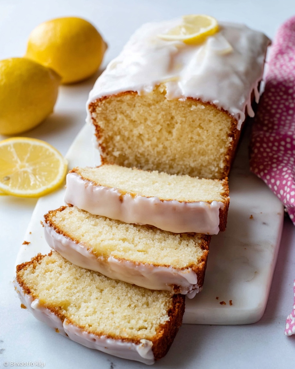 A loaf cake with three thick slices cut and laid out in front of the rest of the loaf on a white plate with a white marbled texture. The cake has a soft light yellow inside and a slightly darker crust around the edges. The top is covered with a smooth white icing that drips slightly over the sides, showing uneven texture where it settled. Two whole lemons, one cut in half showing its juicy interior, are placed beside the cake on the left. A pink cloth with white dots is partially visible on the right edge of the image. The photo was taken with an iphone --ar 4:5 --v 7