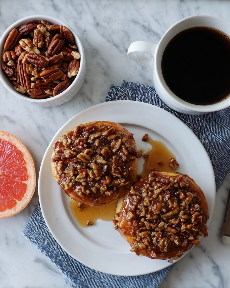 The image shows a close-up of a single piece of sticky pecan roll on a piece of brown parchment paper on a white marbled surface. The bottom layer is a soft, light golden dough with a fluffy texture, visible from a bite taken out of the front part. The top layer is thick with glossy, dark brown caramel sauce and whole pecans, some of which are glossy and shiny while others appear crunched. The pecan roll looks moist and sticky with rich textures and a warm color palette dominated by light brown, caramel, and dark brown shades. Photo taken with an iphone --ar 4:5 --v 7