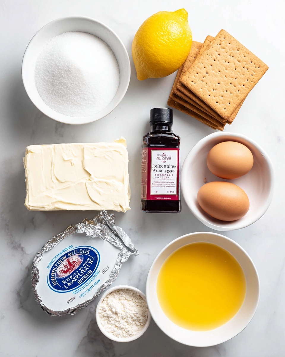 The image shows a white marbled surface with various ingredients arranged neatly. At the top left, there is a white bowl filled with white granulated sugar. Beside it, slightly to the right, are three graham crackers stacked on top of each other with a textured, light brown color. Above the crackers is a whole yellow lemon. To the right of the crackers, there is a small dark amber bottle with a red label reading