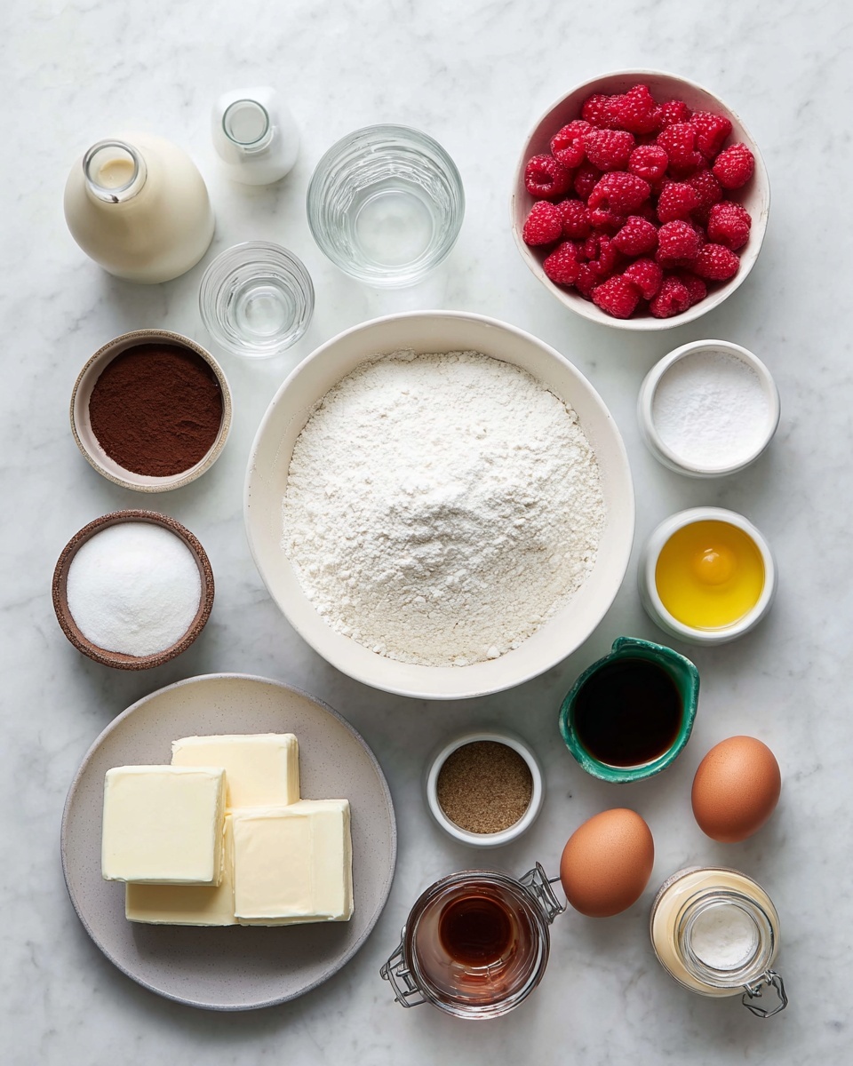 The image shows a top-down view of baking ingredients arranged neatly on a white marbled surface. At the center, there is a large white bowl filled with fine white flour. Surrounding it, from the top left clockwise, are a small white bottle with a cream-colored liquid, a clear glass of water, a white bowl full of red raspberries, a small jar of white powder, a small bottle with a white liquid, a white bowl filled with white sugar, a gray plate holding two thick white blocks of butter, a small clear glass with a pale yellow liquid, a small white bowl with dark brown cocoa powder, a green salt shaker, a small yellow container with white cream or soft cheese, two brown eggs, a small jar of brown spice with a metal clasp, and a small clear bowl with a dark brown liquid. The setup is clean and bright, emphasizing the natural colors and textures of each ingredient, photo taken with an iphone --ar 4:5 --v 7