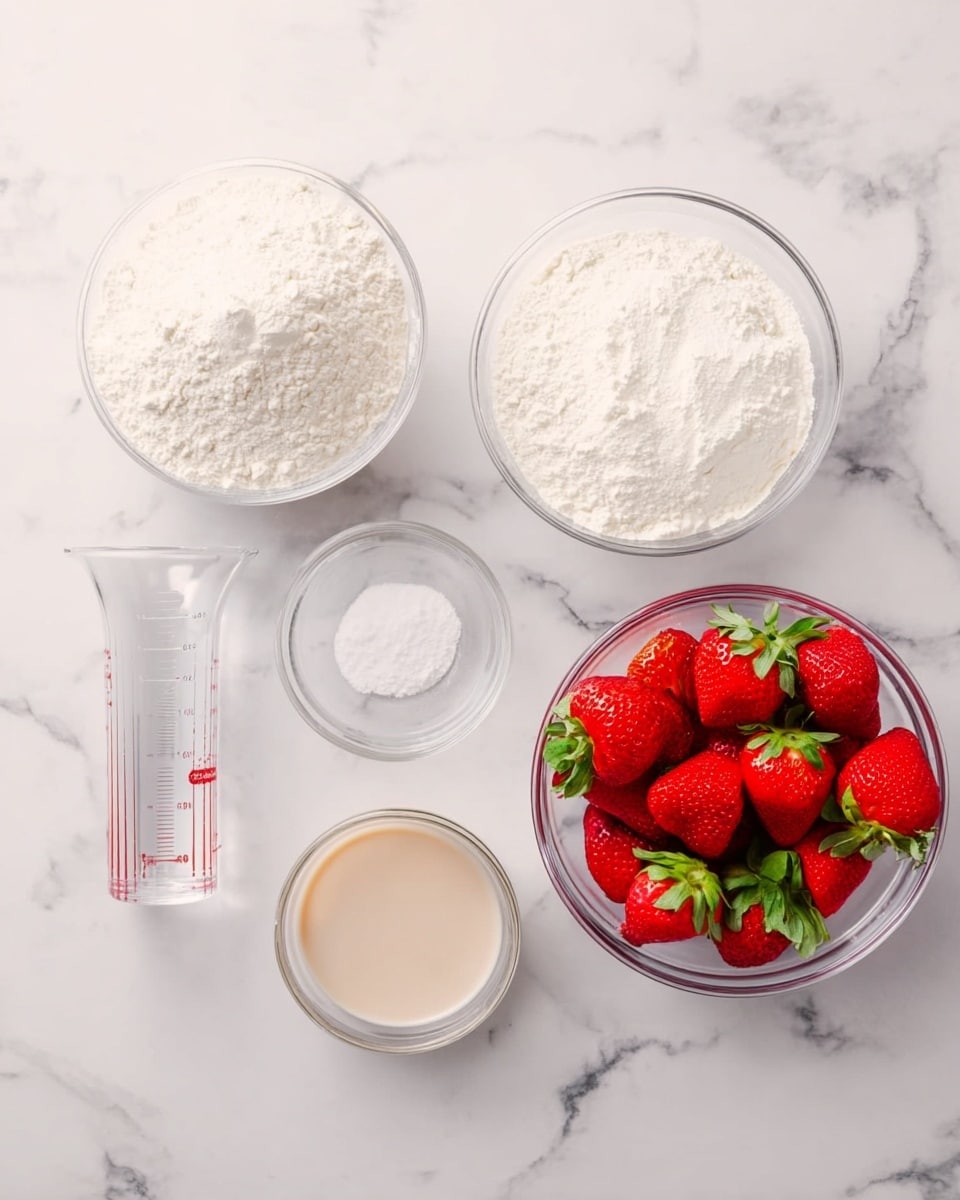 The image shows five clear glass bowls of different sizes with ingredients set on a white marbled surface. Starting from the top left, there is a large bowl filled with white flour, next to it is a smaller bowl with a small amount of white powder. Toward the right, there is another medium bowl filled with fresh red strawberries with green leaves on top. Below those bowls, there is a small bowl with a beige liquid that has a smooth texture. Finally, to the left, there is a transparent measuring cup holding water. The setup is clean and organized, with the bowls evenly spaced. Photo taken with an iphone --ar 4:5 --v 7