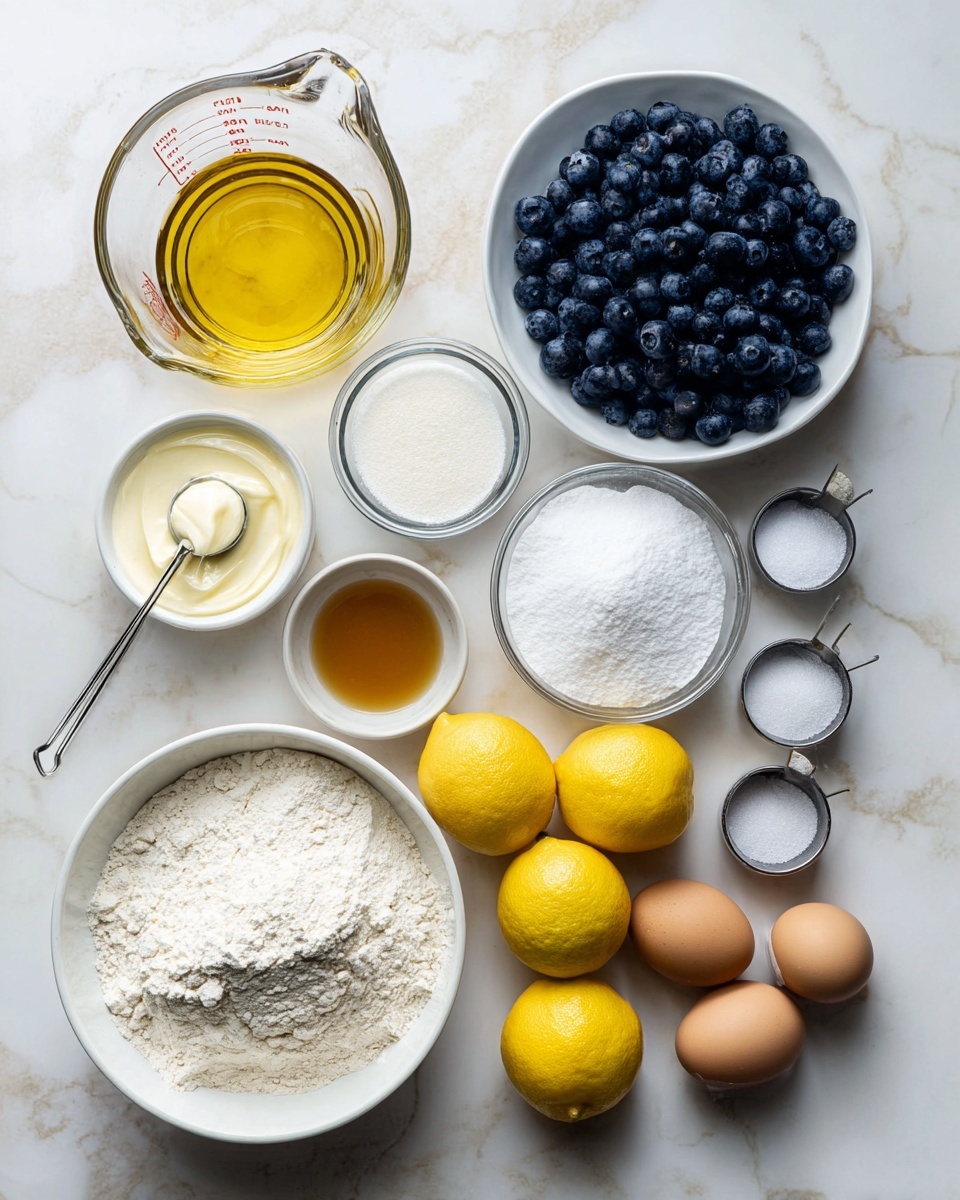 The image shows ingredients laid out on a white marbled surface. In the top left, there is a clear glass measuring cup filled with a golden liquid, likely oil. Next to it on the right, a white bowl is filled with fresh, dark blue blueberries. Below the measuring cup, there is a metal measuring spoon with white creamy yogurt inside. In the middle, a small clear bowl holds a light brown liquid, probably vanilla or syrup. To the right of that, there are three whole yellow lemons, with one cut in half showing its bright inside. On the left side near the bottom, a large white bowl is full of white flour. To the right of the flour, two brown eggs sit side by side on the surface. Above the eggs, two metal measuring cups containing white sugar and a white powder (possibly flour or baking powder) are placed. Near the upper middle left, small white bowls with white baking powder and salt complete the setup. photo taken with an iphone --ar 4:5 --v 7