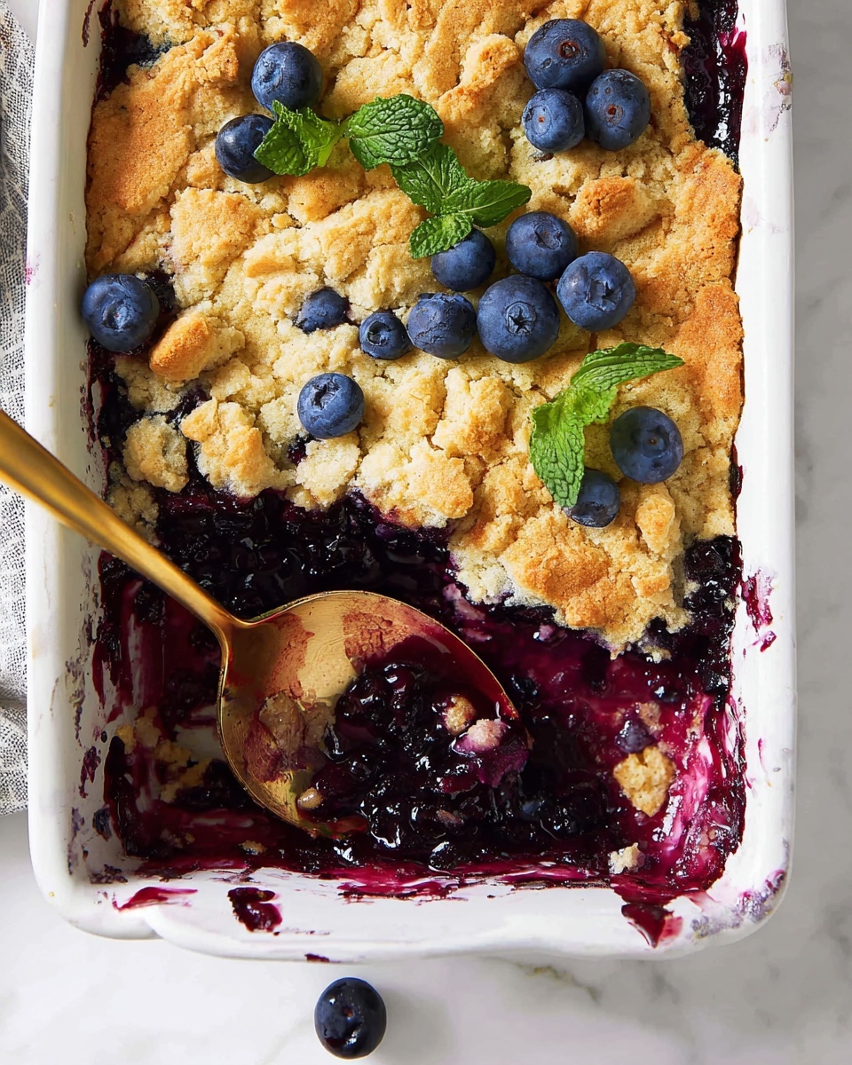 A white rectangular baking dish holds a blueberry cobbler, with one corner scooped out, showing thick, dark purple blueberry filling beneath a golden-brown, crumbly top crust. The crust is uneven with a rough texture, some spots slightly darker, and scattered fresh blueberries and green mint leaves decorate the top. A gold spoon inside the dish is coated with the juicy blueberry filling, resting on the edge of the scoop area. The dish sits on a white marbled surface. photo taken with an iphone --ar 4:5 --v 7
