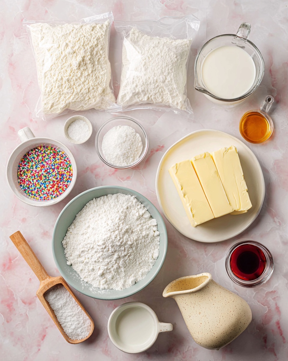 The image shows a flat lay of various baking ingredients arranged on a white marbled texture. There are two clear plastic bags with white flour on the top left, a small white bowl with colorful sprinkles below it, and a gray bowl with white granulated sugar with a small wooden scoop inside at the bottom left. In the center, a white bowl is filled with powdered sugar, also with a tiny wooden scoop. Next to it, three sticks of pale yellow butter are stacked diagonally. To the right, a white plate holds a block of cream cheese. Above that, a small clear glass bowl contains a white powder, likely baking soda or baking powder. Another small clear bowl holds a dark amber liquid, possibly vanilla extract. On the top right is a glass measuring cup with white milk. At the bottom right, a beige speckled jug holds a light yellow liquid, likely oil, set near a small glass bowl of light brown sugar. photo taken with an iphone --ar 4:5 --v 7