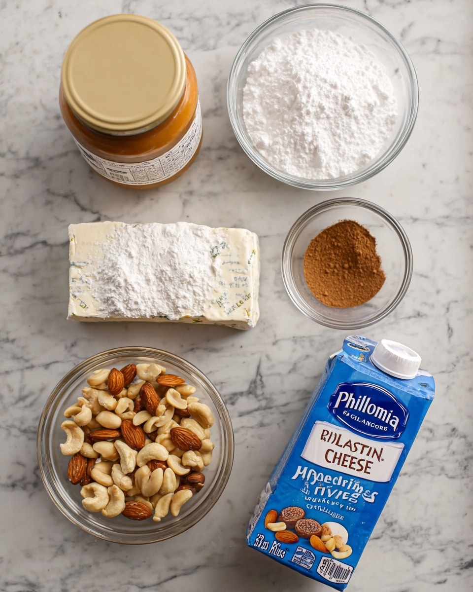Several ingredients are arranged on a white marbled surface: a jar of caramel dessert sauce with a beige lid on the top left, a clear glass bowl filled with white powdered sugar on the top right, a package of Philadelphia original cream cheese in silver and blue in the center right, a small clear glass bowl with brown cinnamon powder on the bottom right, a carton of Wegmans ultra-pasteurized half & half in blue and white with a white cap near the bottom center, and a clear glass bowl of mixed shelled peanuts and almonds on the bottom left. The items are spaced out neatly and captured from above photo taken with an iphone --ar 4:5 --v 7