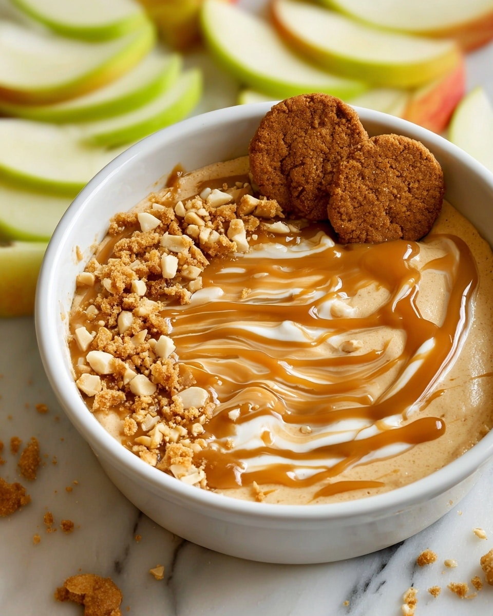 The image shows a white round dish filled with a creamy dessert that has a smooth, light tan layer, topped with swirls of caramel sauce creating a rich golden-brown pattern. On top of this layer, there are chopped nuts scattered unevenly, adding a crunchy texture and a pale tan color to the surface. Two round brown cookies with a slightly rough and crumbly texture are placed standing upright on one side of the dish. In the background, there are thinly sliced green and yellow apple pieces creating a fresh and colorful contrast, all placed on a white marbled surface. Photo taken with an iphone --ar 4:5 --v 7