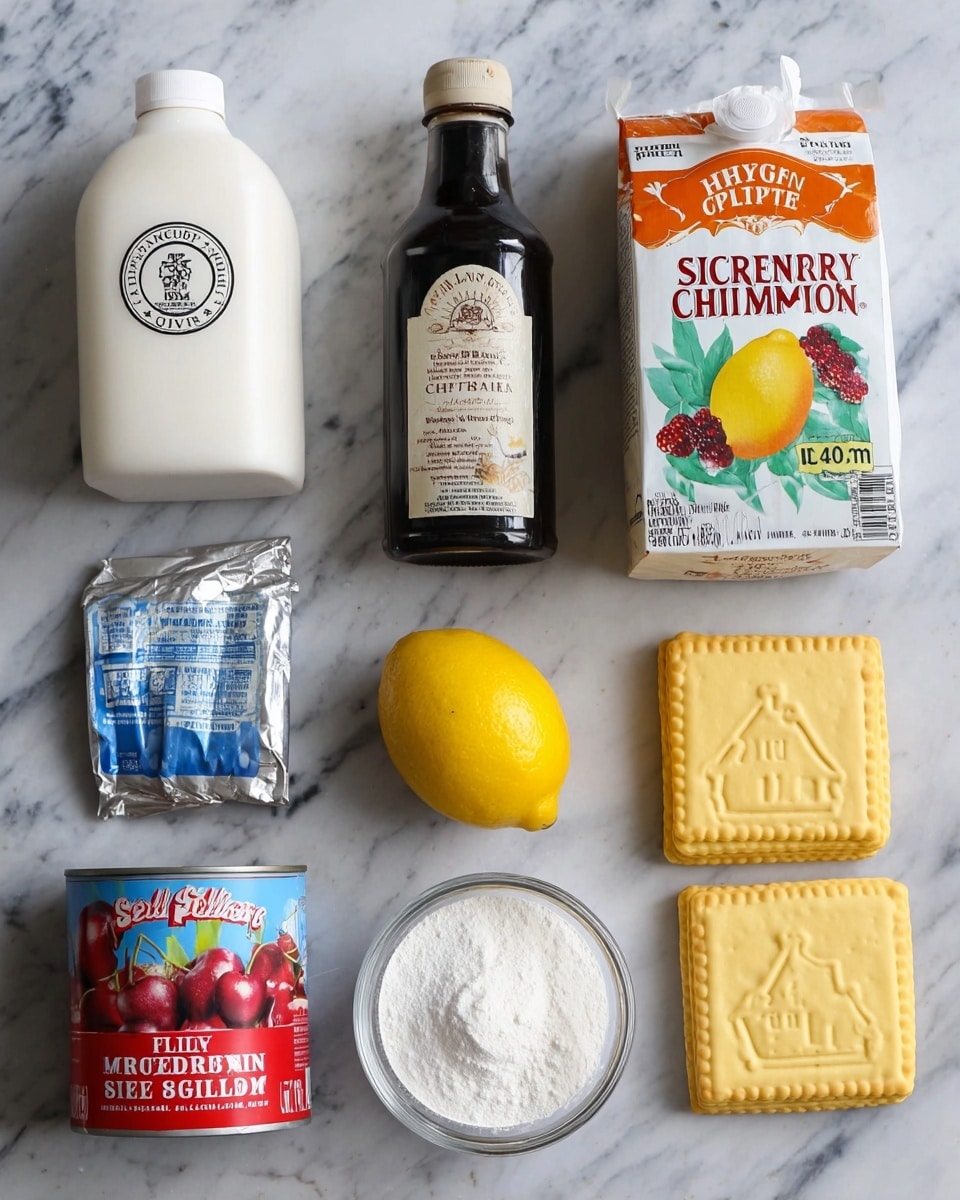 The image shows a top-down view of several baking ingredients arranged neatly on a white marbled surface. From left to right on the top row, there is a white container of plain whole milk yogurt with a simple black and white label, a dark brown glass bottle of vanilla extract with a cream and brown label, and a white carton of heavy whipping cream with orange, green, and cream colors and an image of whipped cream with berries. On the bottom row, from left to right, there is a red and white can of cherry pie filling, a silver and blue wrapped block of cream cheese, a bright yellow lemon in the center, a clear bowl filled with white powdered sugar, and four square yellow sandwich cookies with house shapes embossed on them stacked to the right. The photo taken with an iphone --ar 4:5 --v 7