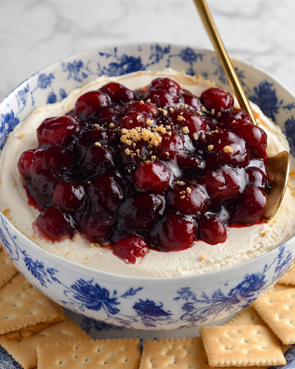 A white bowl with blue floral patterns holds a two-layer dessert, with a thick, creamy white base spread evenly and topped by a glossy, deep red cherry topping, the cherries visible and coated in a shiny, jelly-like glaze. Around the edge of the creamy layer, there are small crumbles sprinkled lightly. A gold spoon rests on the right side inside the bowl, placed on a white marbled texture surface with square vanilla wafers arranged underneath the bowl. Photo taken with an iphone --ar 4:5 --v 7