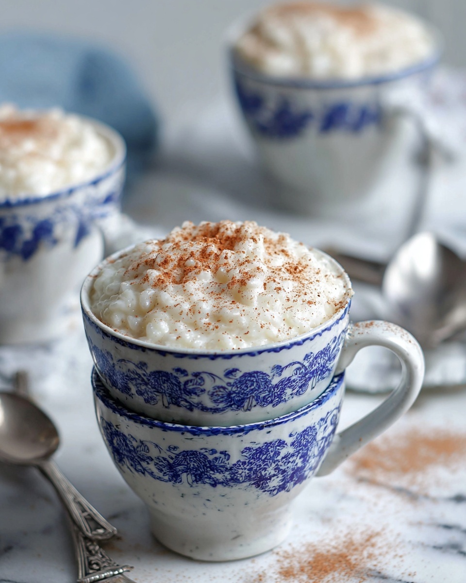 A tower of two white cups with blue patterns showing a countryside church and trees, filled to the top with a creamy rice pudding that has a thick, slightly lumpy white texture. The top of the pudding is sprinkled with a light dusting of cinnamon or nutmeg, adding a warm brown contrast. Above the front cup, a woman's hand holds a round silver tea strainer that is gently dusting the spice over the pudding. In the background, blurred additional cups with the same pudding and some silver spoons rest on a white marbled surface, creating a soft, cozy atmosphere. photo taken with an iphone --ar 4:5 --v 7