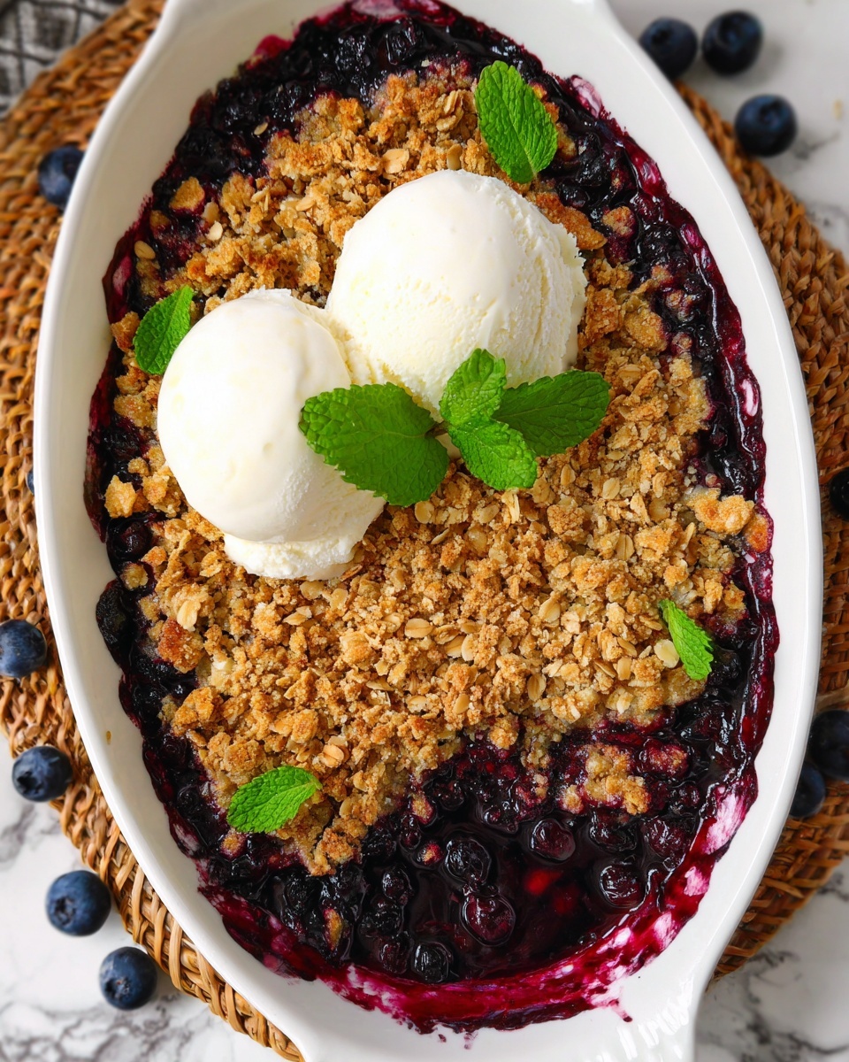 An oval white dish holds a blueberry crumble with three main layers. The bottom layer is dark purple cooked blueberries, slightly bubbling at the edges. The top layer is a golden-brown oat crumble, packed with chunks of oats and crumbs, covering almost all the berries but leaving some dark purple sauce visible around the edges. On top of the crumble, there are two scoops of white vanilla ice cream placed side by side in the upper center of the dish. Small green mint leaves are scattered on the crumble and ice cream for a fresh look. The dish sits on a white marbled surface with a woven mat partly under the plate and scattered fresh blueberries around it. photo taken with an iphone --ar 4:5 --v 7