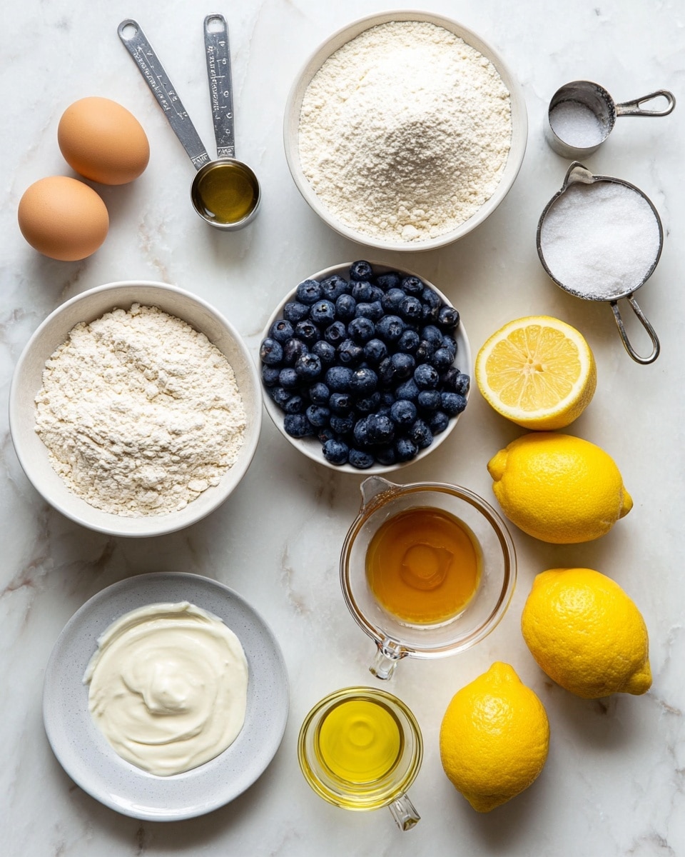 The image shows various baking ingredients arranged neatly on a white marbled surface. There is a large white bowl filled with light beige flour in the bottom left corner. Near it are two brown eggs placed side by side. Above the eggs, a silver measuring cup is filled with white flour, and next to it, another silver measuring cup holds white sugar. On the right side are three bright yellow lemons, one whole and two cut in half, showing their fresh, juicy inside. Above the lemons, a white bowl is full of plump, dark blue blueberries. To the left of the blueberries, a small round white plate contains white powder, likely baking powder. Above that is a silver measuring spoon filled with smooth white yogurt. Next to it, a clear glass measuring cup has golden-yellow oil inside. A small glass bowl with amber liquid is also placed near the middle left. All ingredients are clearly visible and spread out evenly on the white marbled surface. Photo taken with an iphone --ar 4:5 --v 7