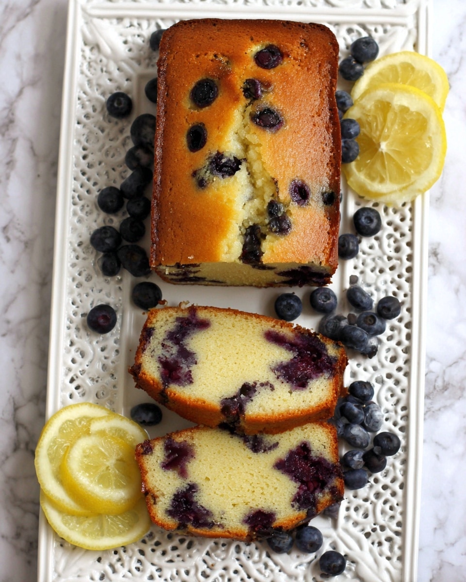 A rectangular blueberry lemon cake is shown on a white decorative tray with carved patterns on the edges. The cake has one whole top piece with a golden brown crust and scattered dark blueberries peeking through. Below it, two slices are placed, revealing a soft, moist inside with a pale yellow crumb mixed with swirls of juicy blueberries that add purple spots. Around the cake, there are fresh blueberries and two thin lemon slices positioned diagonally on opposite corners of the tray. The tray is set on a white marbled surface. photo taken with an iphone --ar 4:5 --v 7
