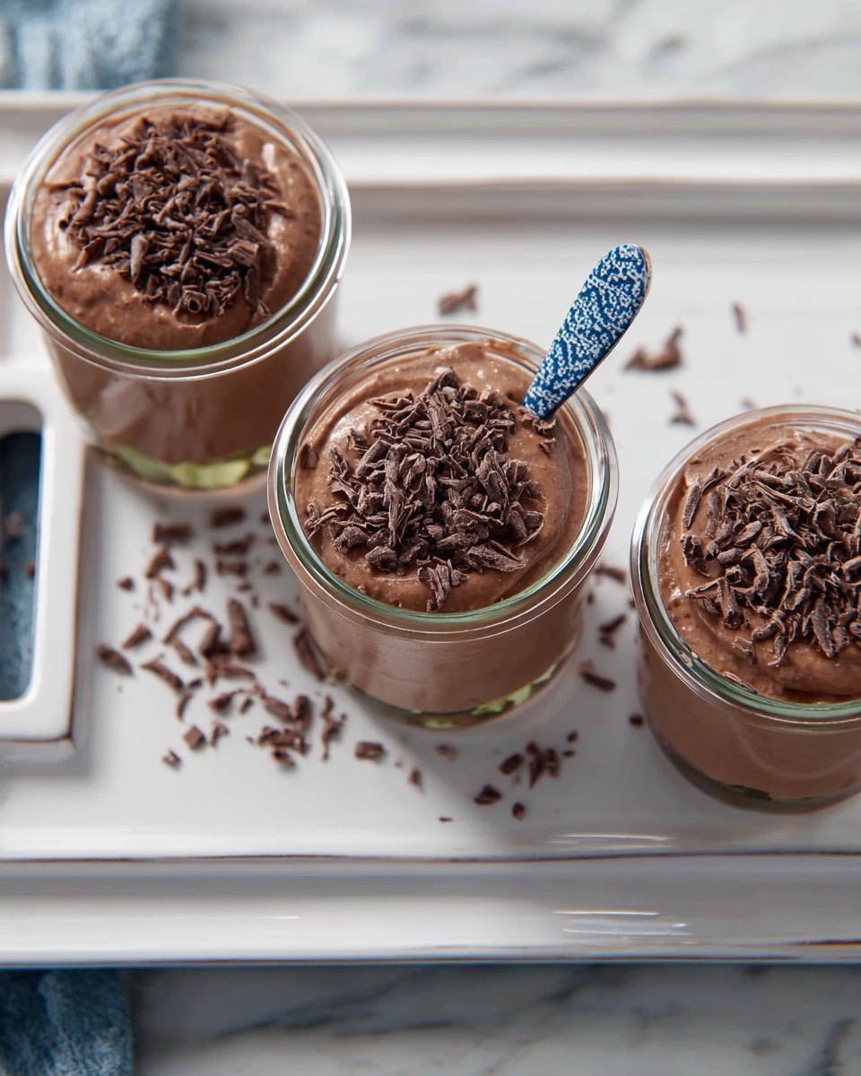 Three small glass jars are filled with smooth and creamy chocolate mousse, each topped with dark chocolate shavings that add texture and richness. The jars are placed in a row on a clean white rectangular tray with handles on each side. A blue and white patterned spoon stands upright in the mousse of the right jar. Some chocolate shavings are scattered lightly on the white tray around the jars. The tray is set on a white marbled surface, enhancing the simple and elegant presentation. photo taken with an iphone --ar 4:5 --v 7