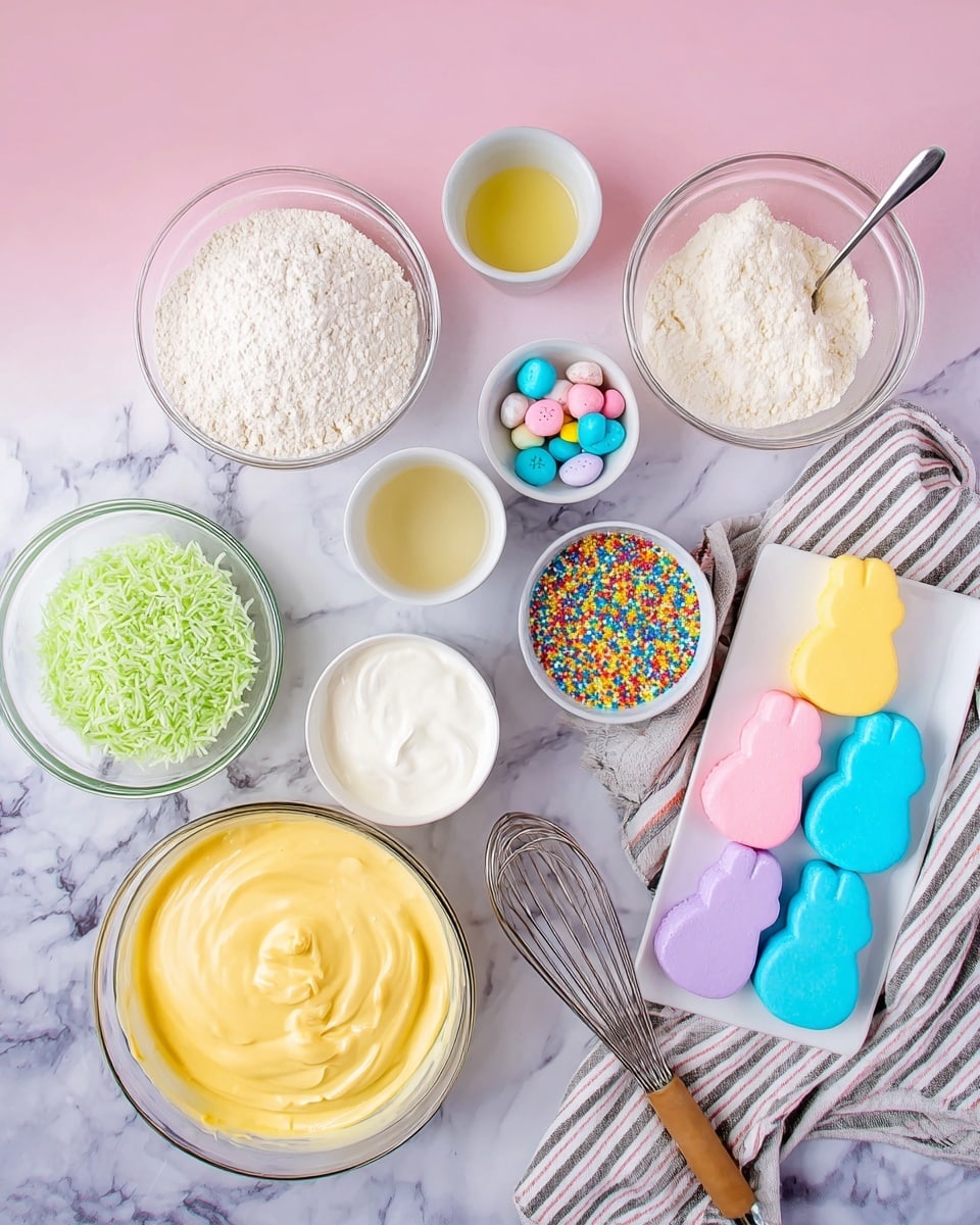 The image shows a variety of colorful baking ingredients laid out on a white marbled surface. There are clear glass bowls filled with white flour, yellow smooth batter, shredded green coconut, small pastel-colored round candies, and rainbow sprinkles. A small white bowl contains a white creamy mixture. Nearby, a small white cup holds a light yellow liquid. Two white eggs and a metal whisk with a wooden handle rest on a striped cloth. A white rectangular plate holds pastel marshmallow bunny shapes in pink, yellow, blue, and purple. The overall arrangement is neat with a soft pink background above the white marbled surface, giving a bright and cheerful look. Photo taken with an iphone --ar 4:5 --v 7